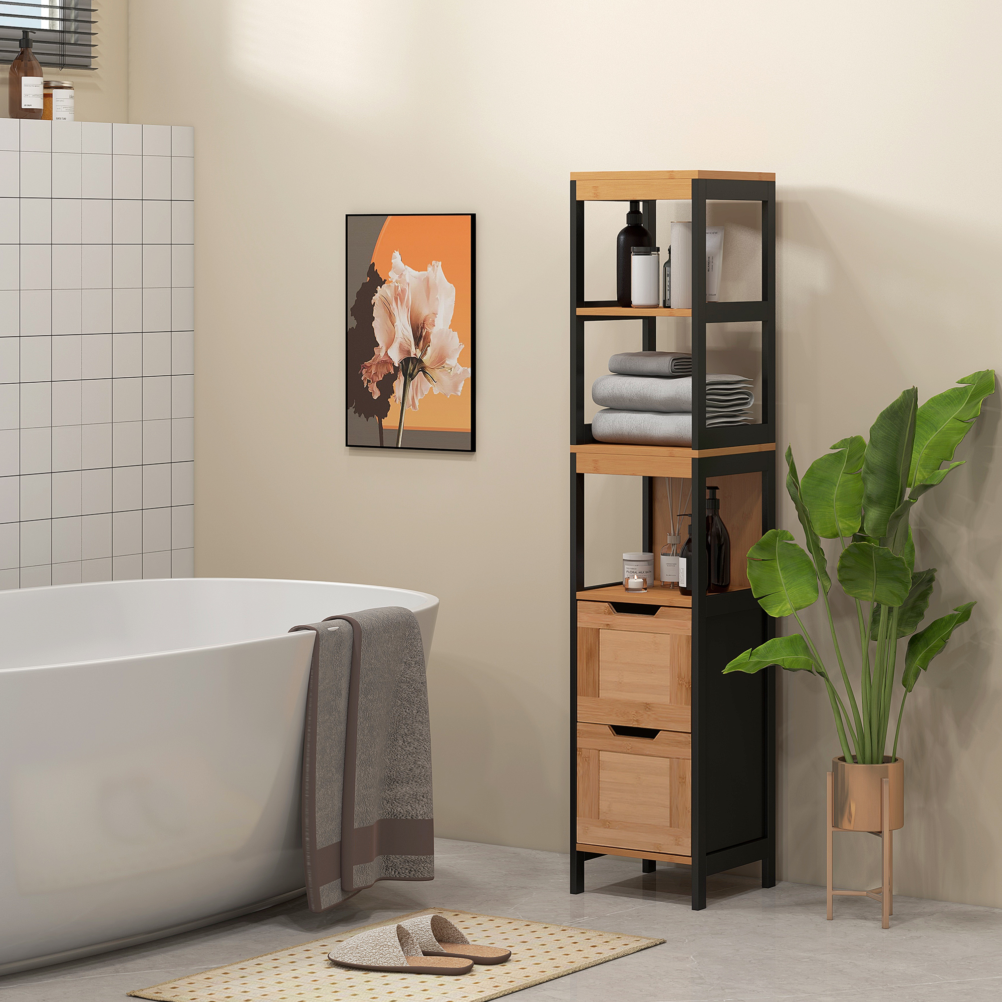 Un baño con bañera, estantería, planta y cuadro.