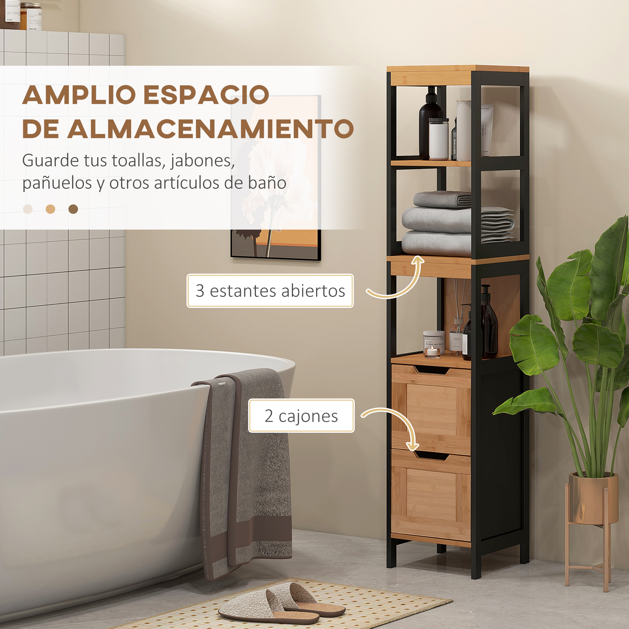 Baño con estantería, toallas, bañera y planta.