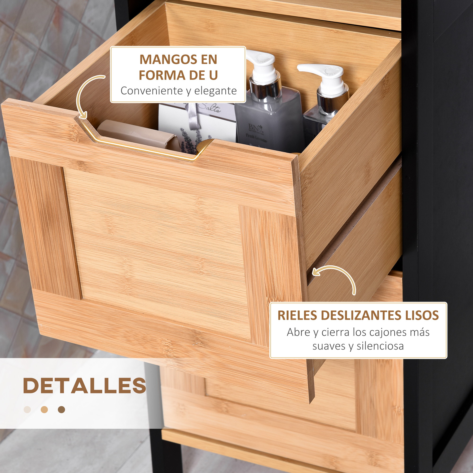 Mueble de baño con tiradores en forma de U y dos dispensadores de jabón en el cajón superior.