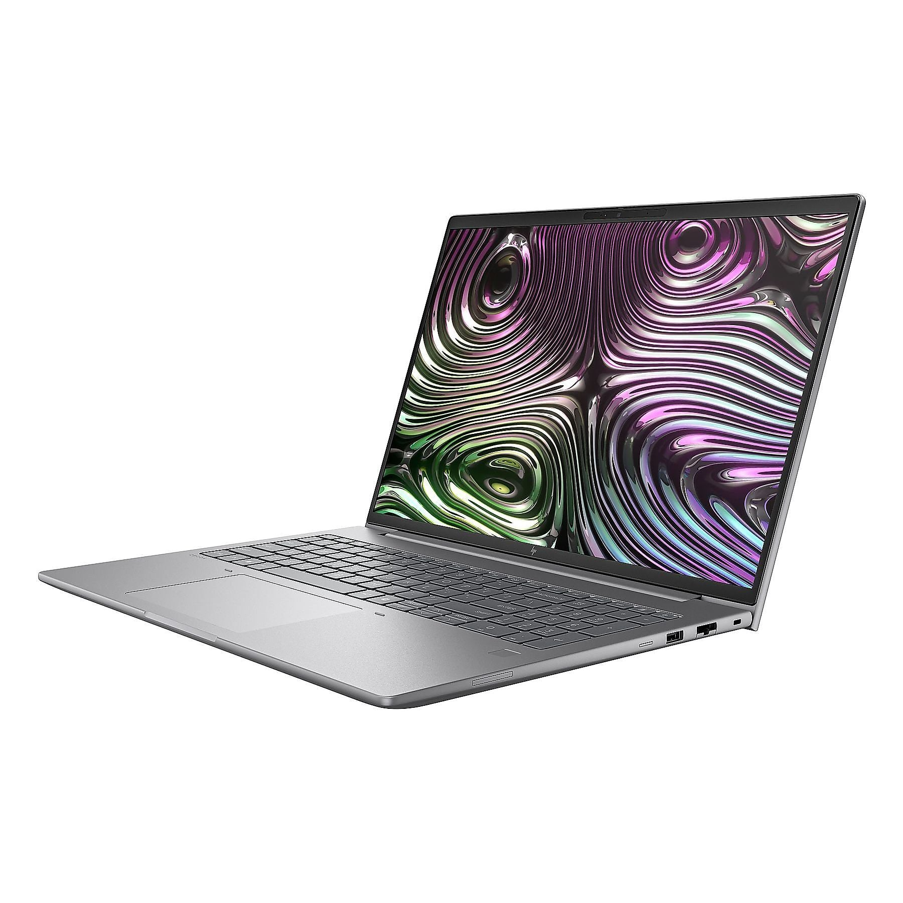 Un laptop argentato con il coperchio aperto, che mostra un motivo colorato e vorticoso sullo schermo.