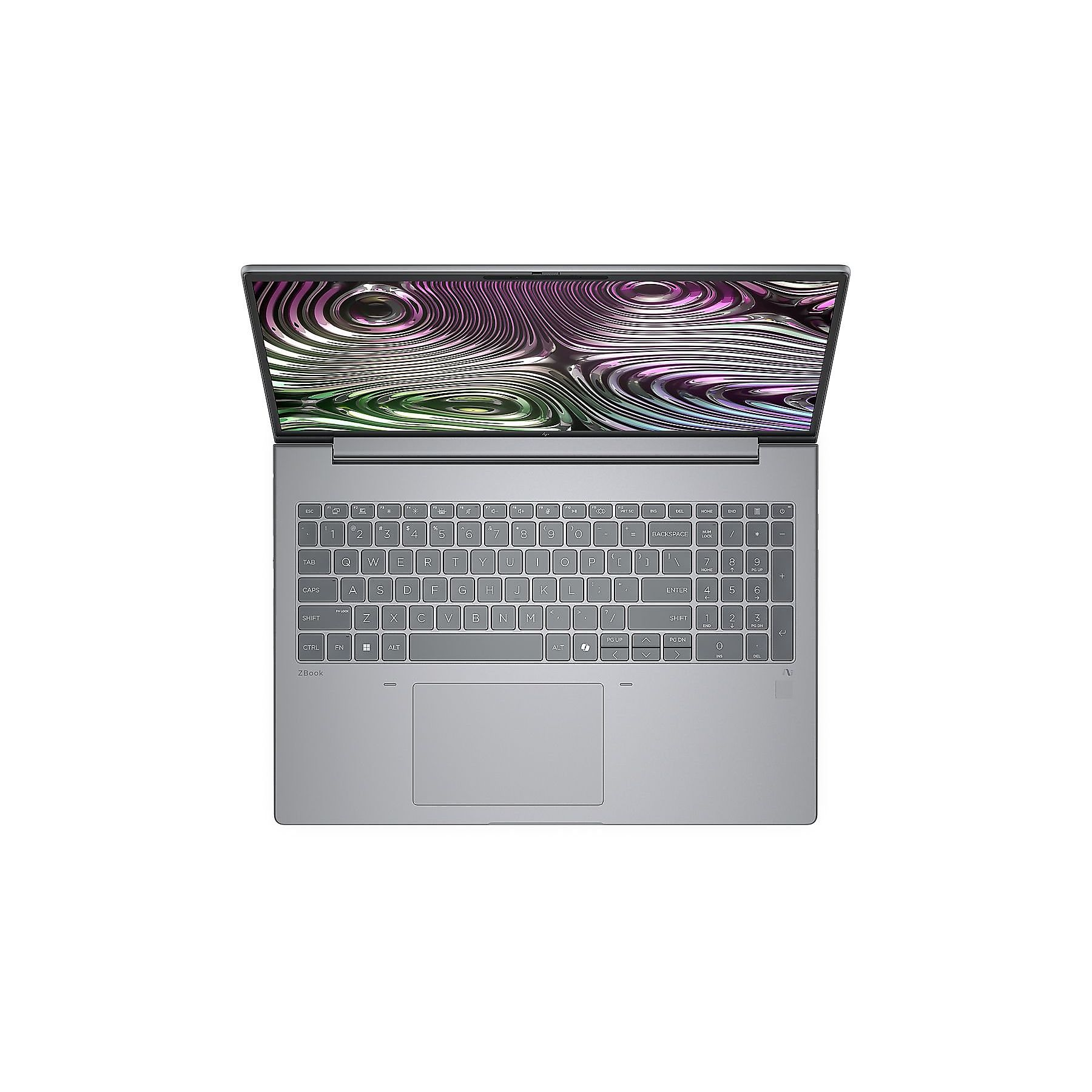 Un laptop aperto con un motivo astratto e vorticoso sullo schermo.