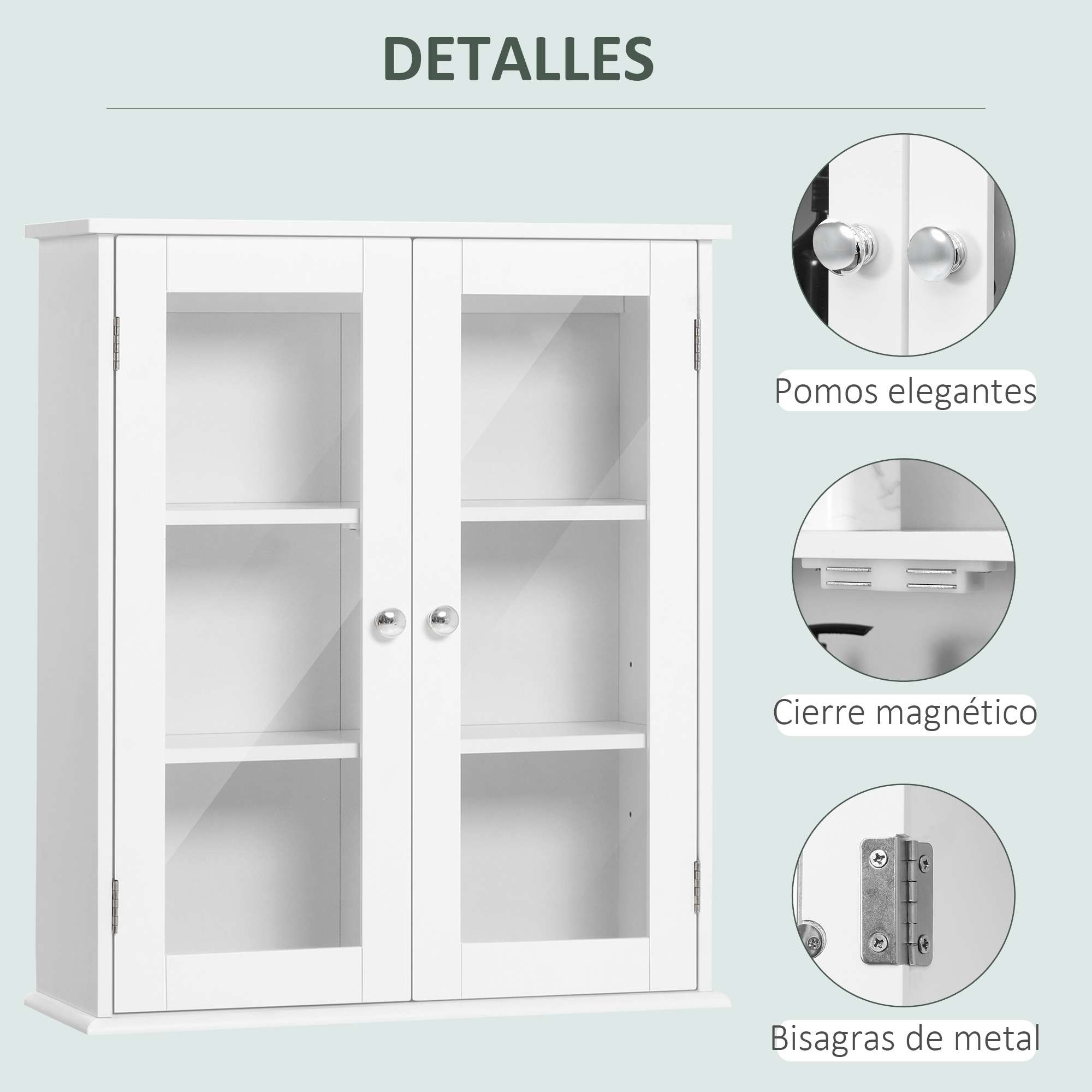 Un armario blanco de pared con puertas de cristal y dos tiradores plateados.