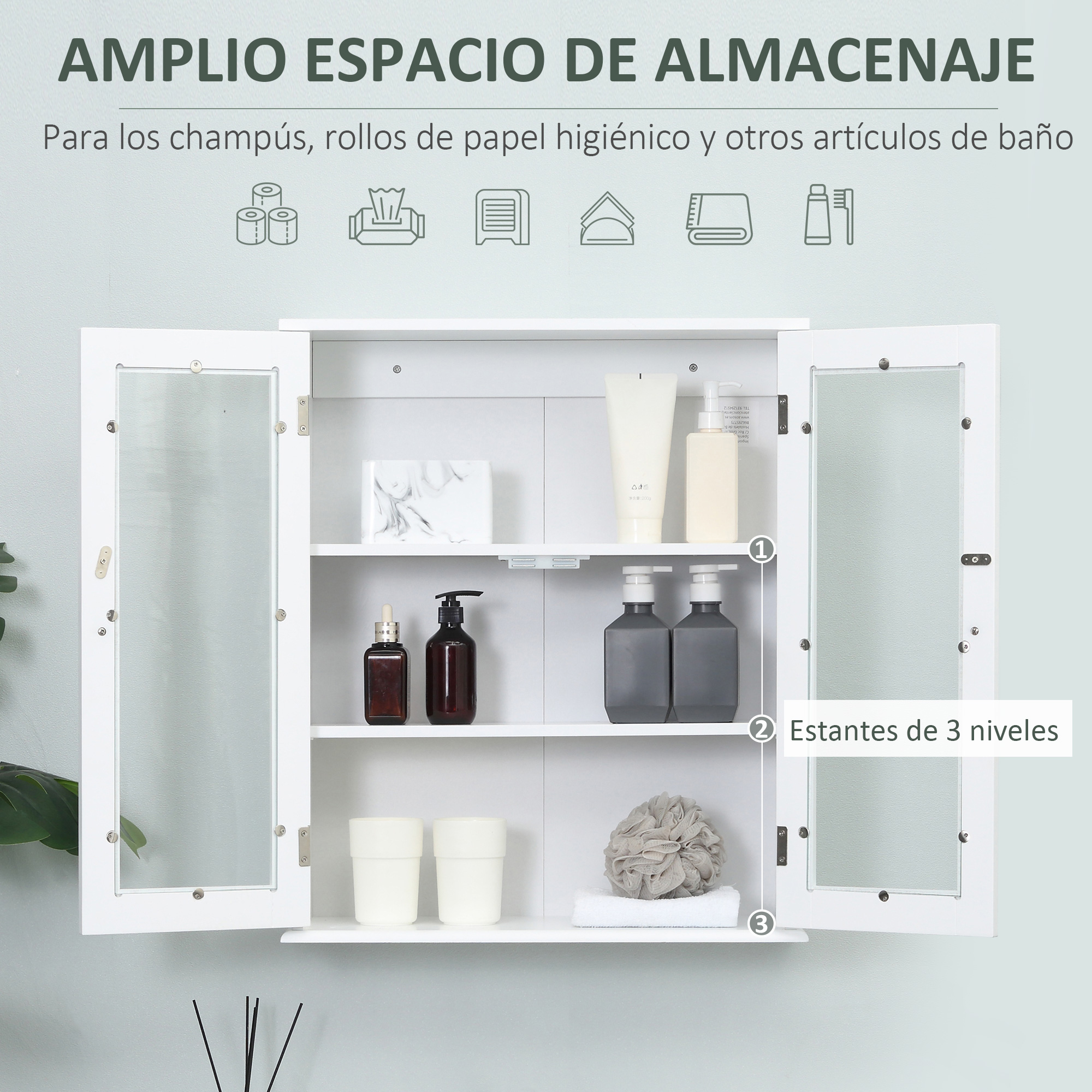 Un botiquín de baño blanco con puertas abiertas, mostrando tres estantes.