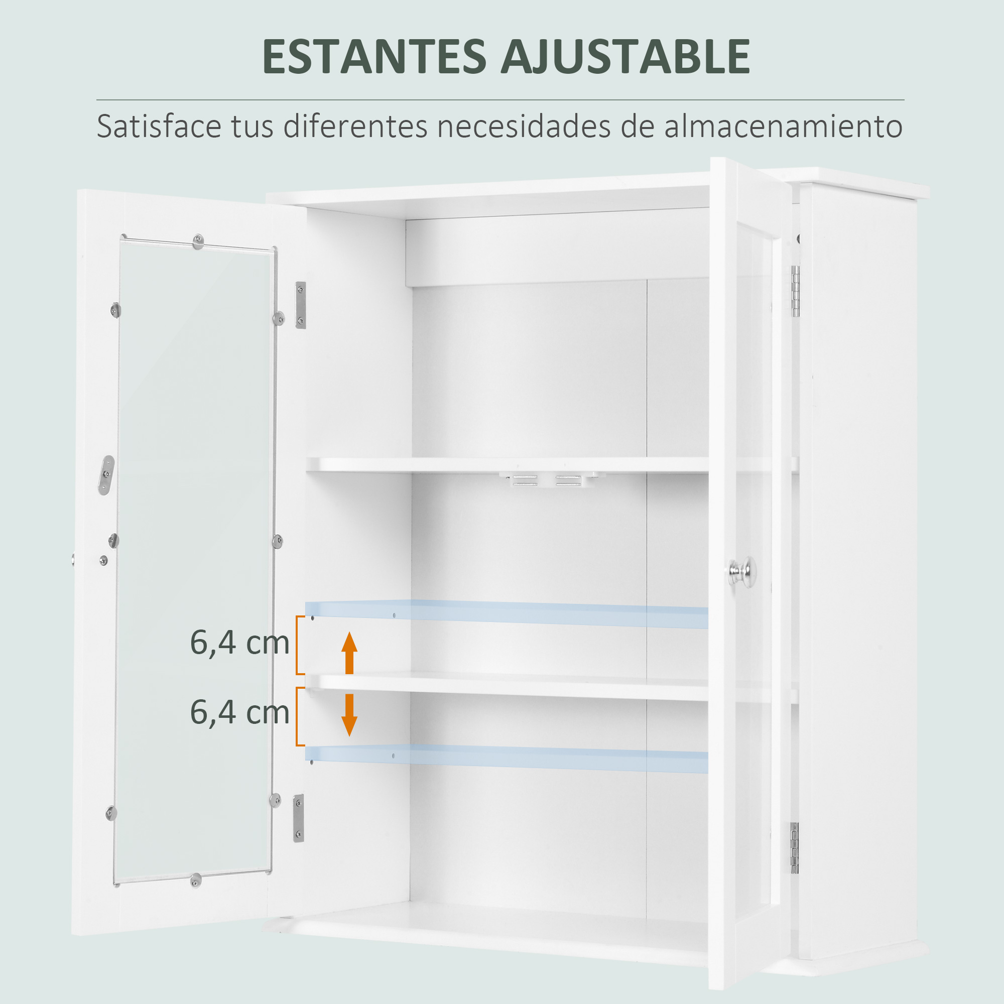 Un armario blanco con puertas de cristal y estantes. Se indican las medidas.
