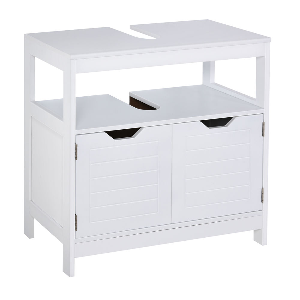Un mueble blanco con dos puertas y dos recortes superiores para un lavabo.