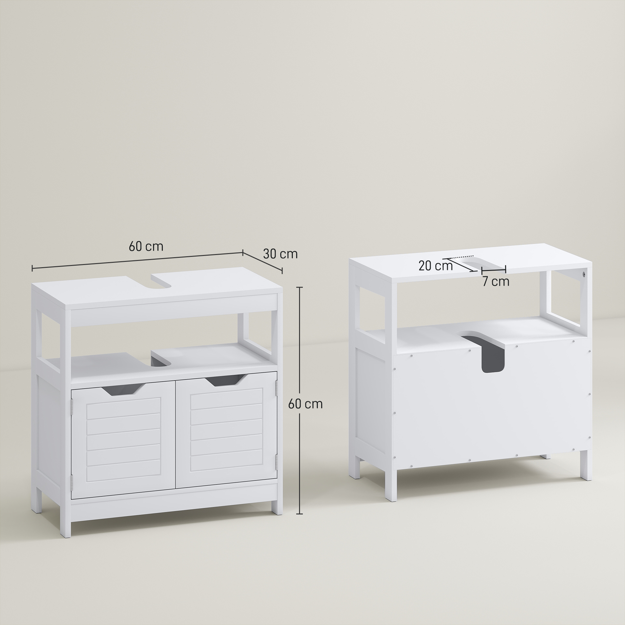Dos gabinetes de baño blancos con cajones y dimensiones.