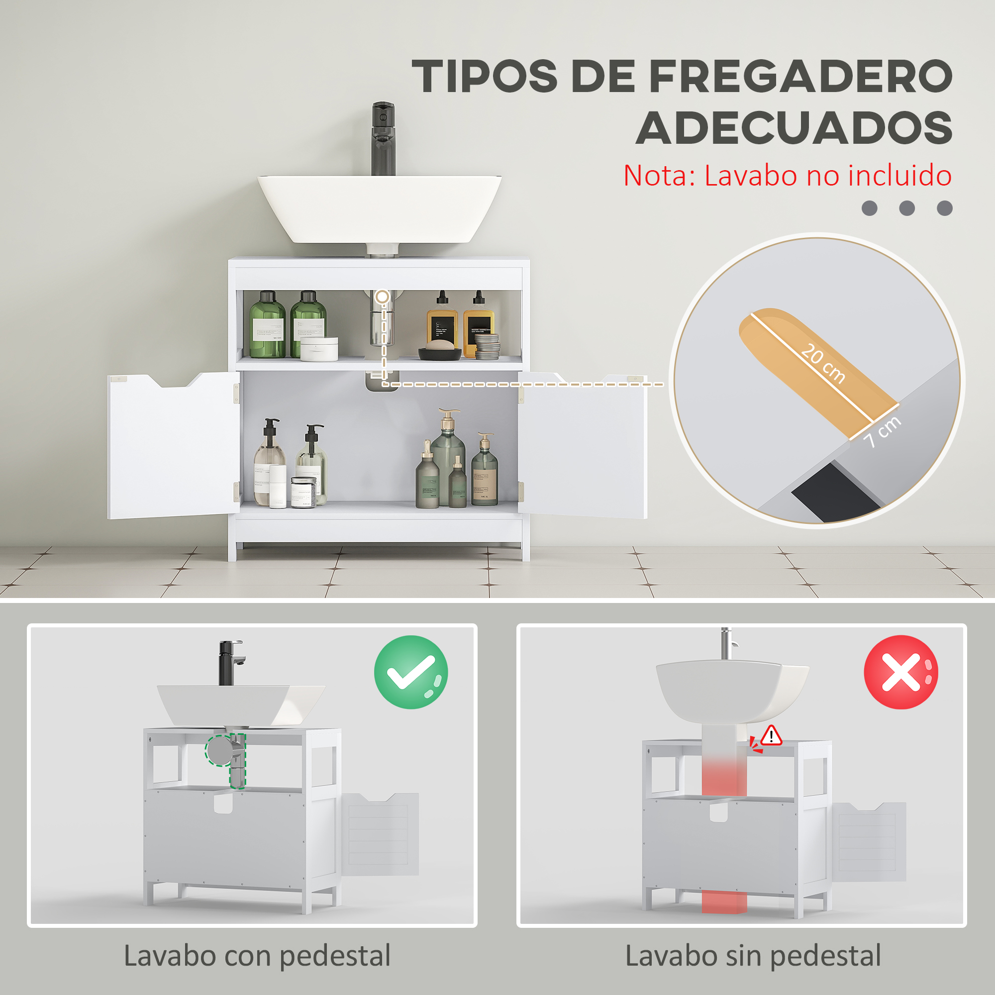 Mueble de baño con lavabo y almacenamiento. Dimensiones 20x7cm.
