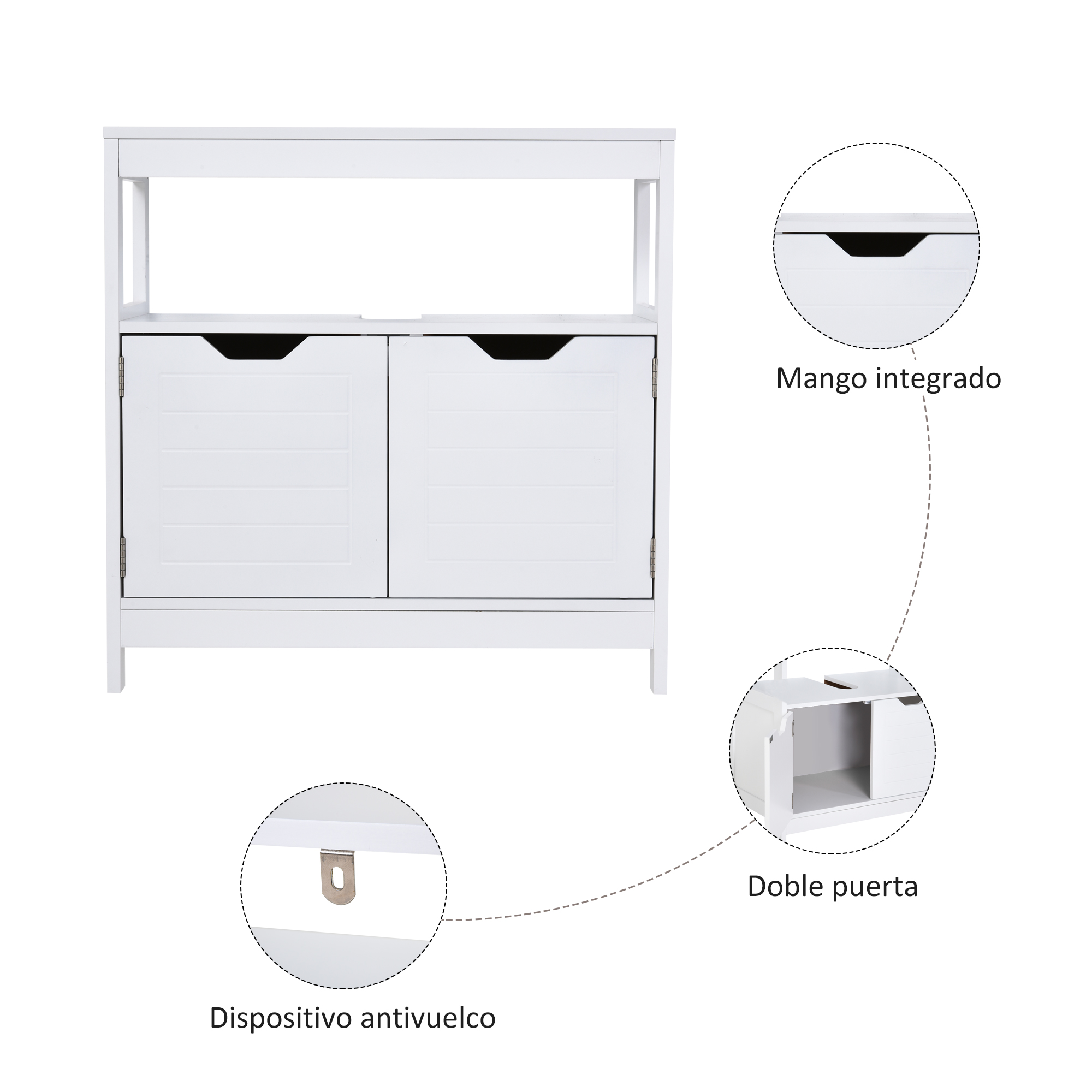 Estante de almacenamiento blanco con dos puertas y tiradores integrados.