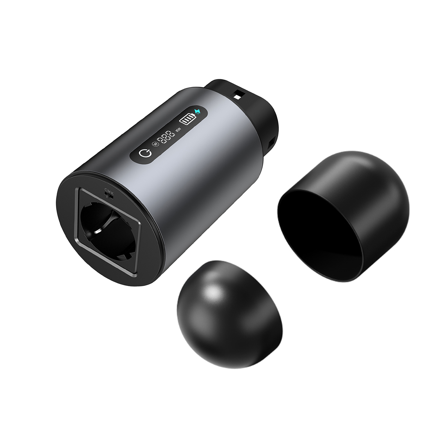 Adattatore di ricarica grigio con due tappi neri, un display mostra watt e stato batteria.