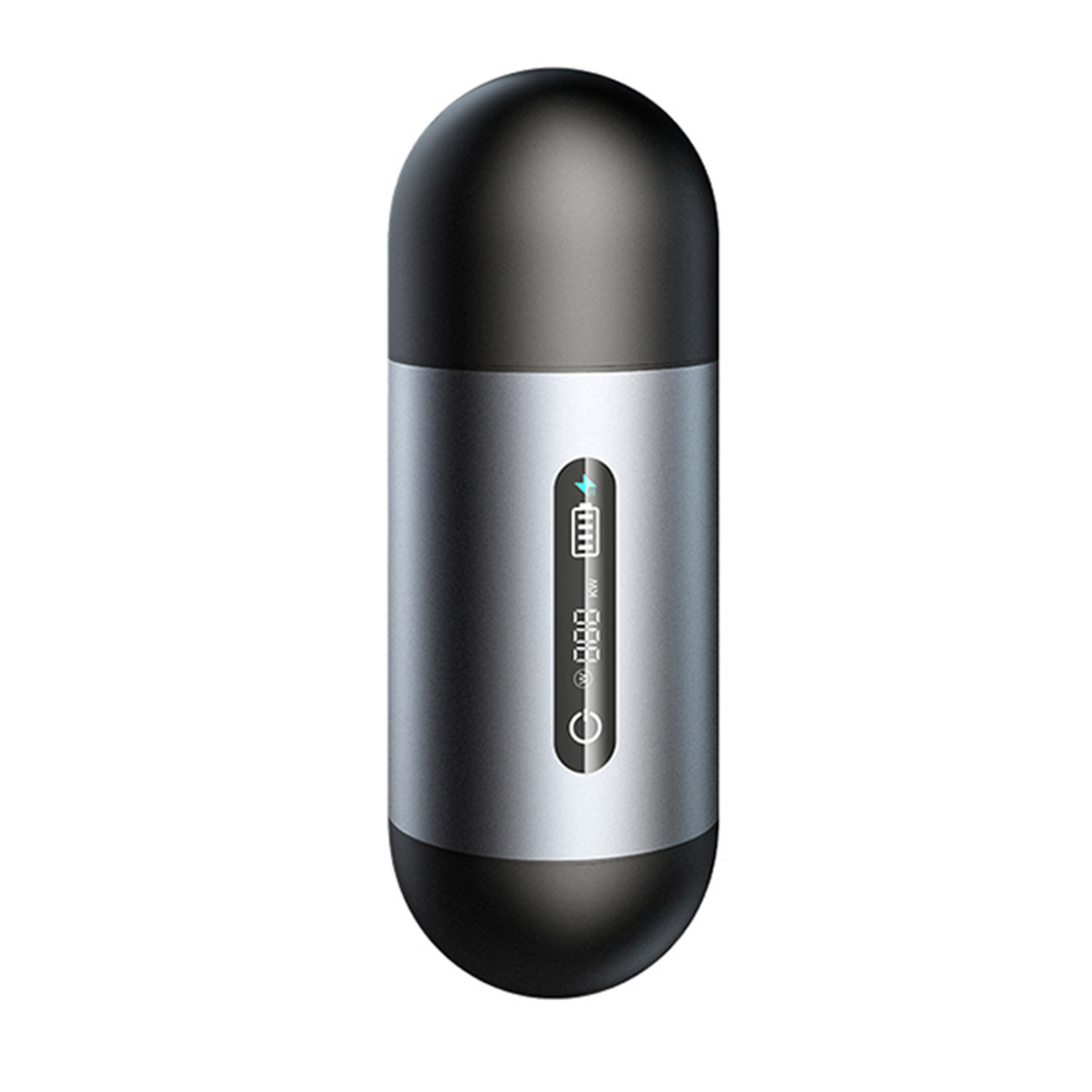 Un dispositivo argentato e nero con display digitale che mostra un indicatore di batteria.