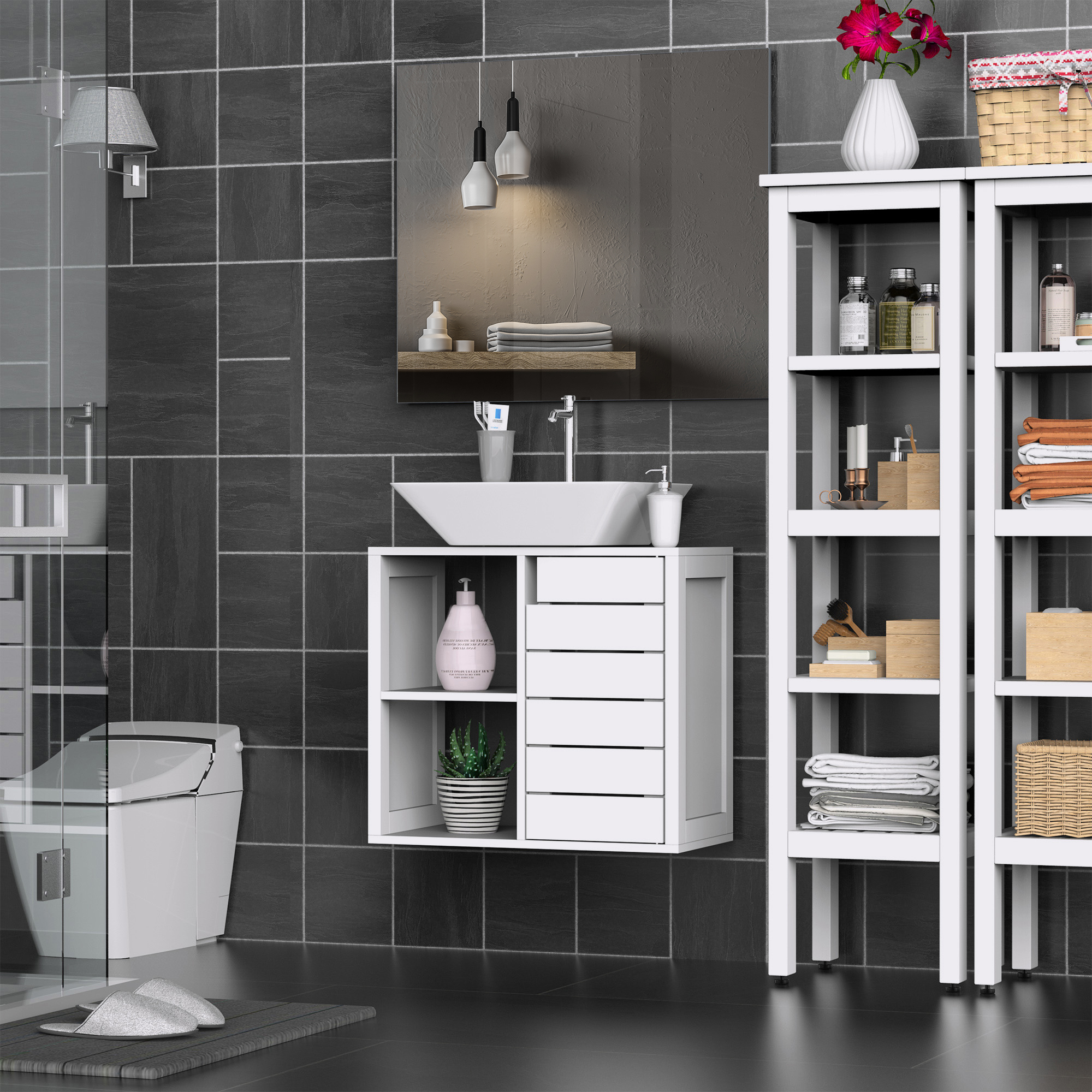 Baño moderno con azulejos oscuros, lavabo blanco, inodoro, estantes y flores.