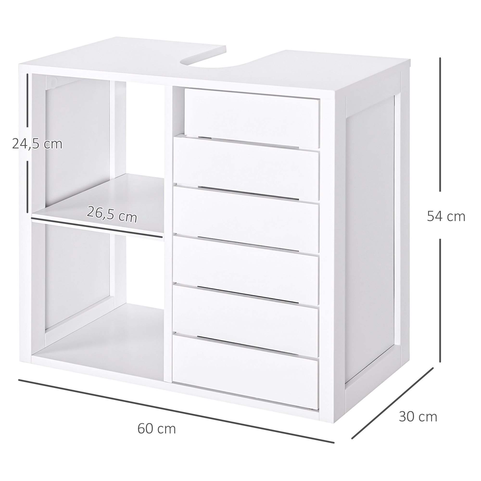 Mueble de baño blanco con cajones y estantes, se muestran las medidas.