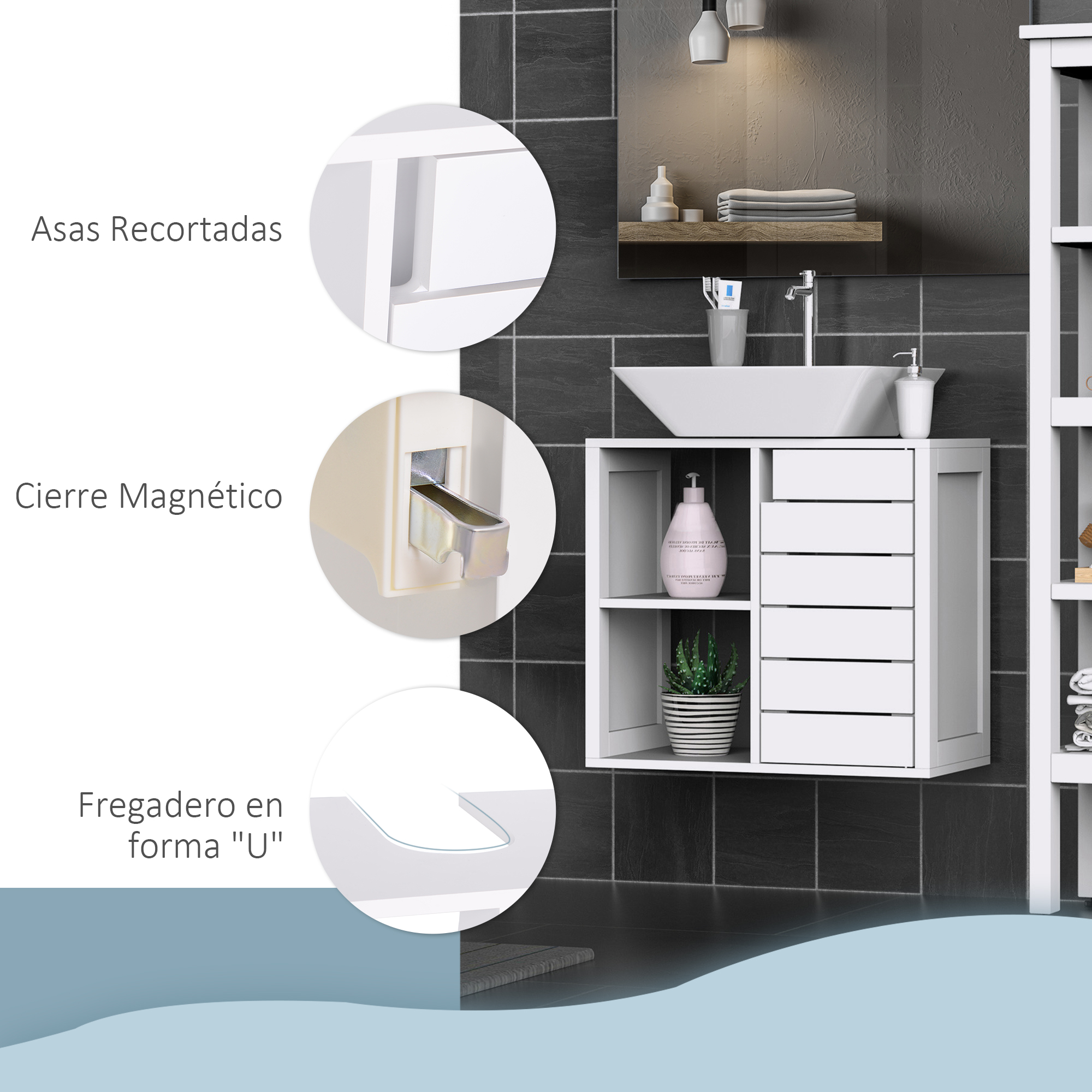 Bao moderno con mueble de lavabo blanco, pared negra y espejo. Asas recortadas, cierre magntico, lavabo en 'U'.