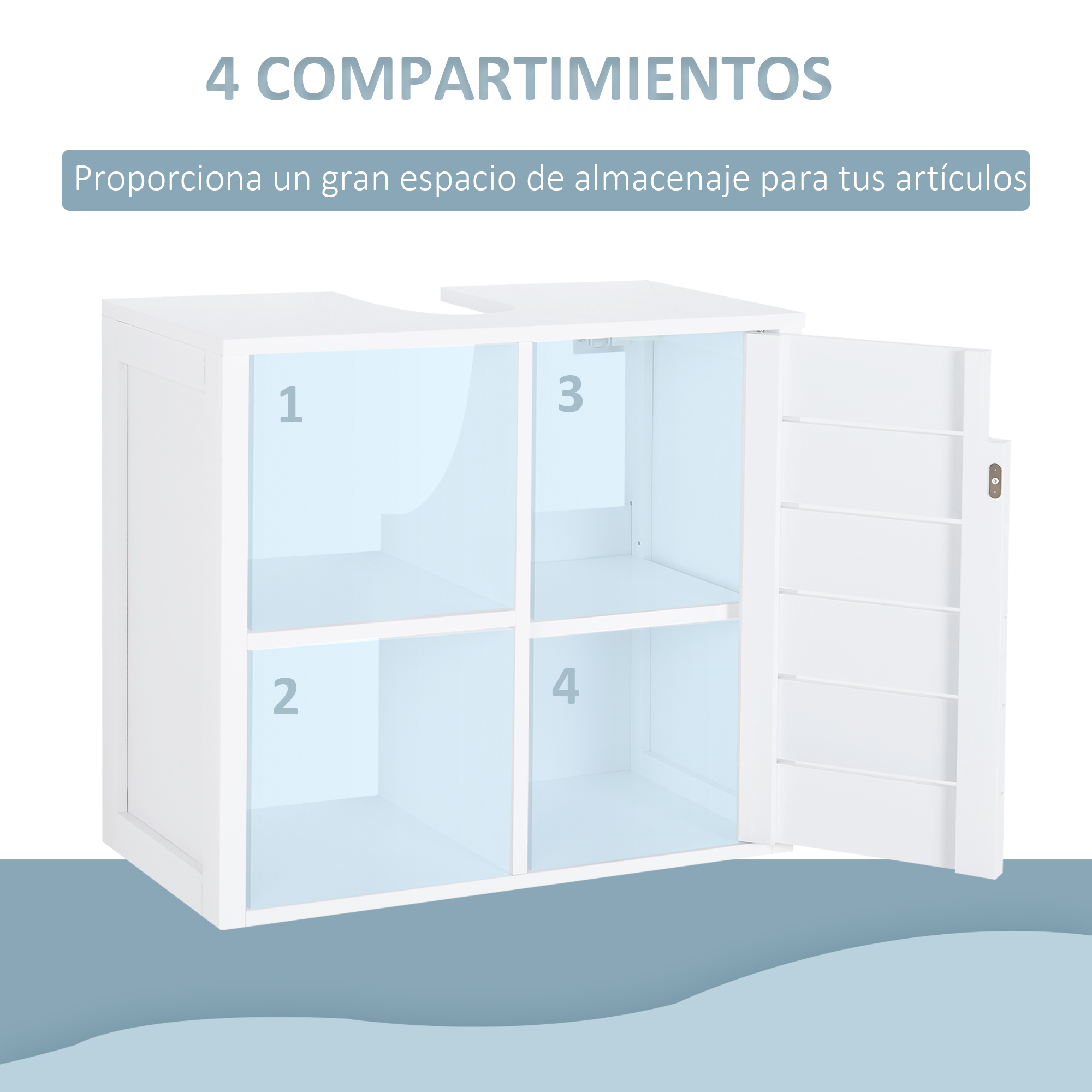 Mueble de almacenaje blanco con 4 compartimentos y puerta abierta.