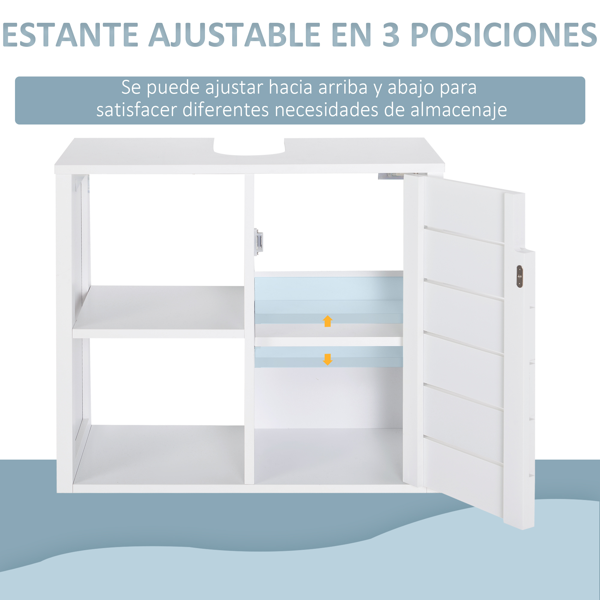 Gabinete blanco con puerta abierta, mostrando estantes ajustables con flechas.