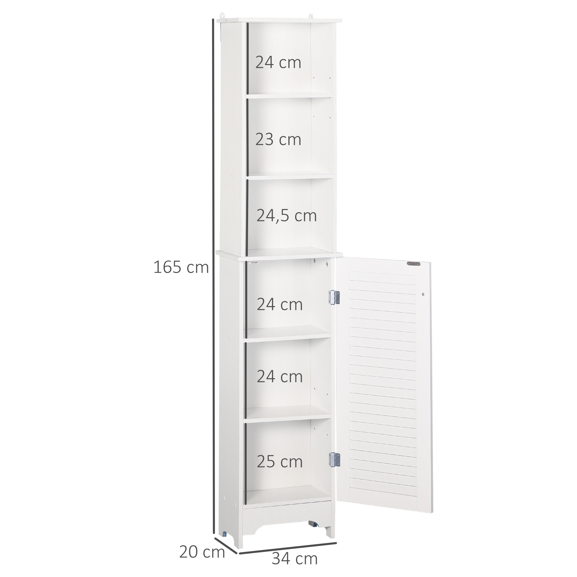 Un mueble blanco alto con estantes abiertos y una puerta abierta.