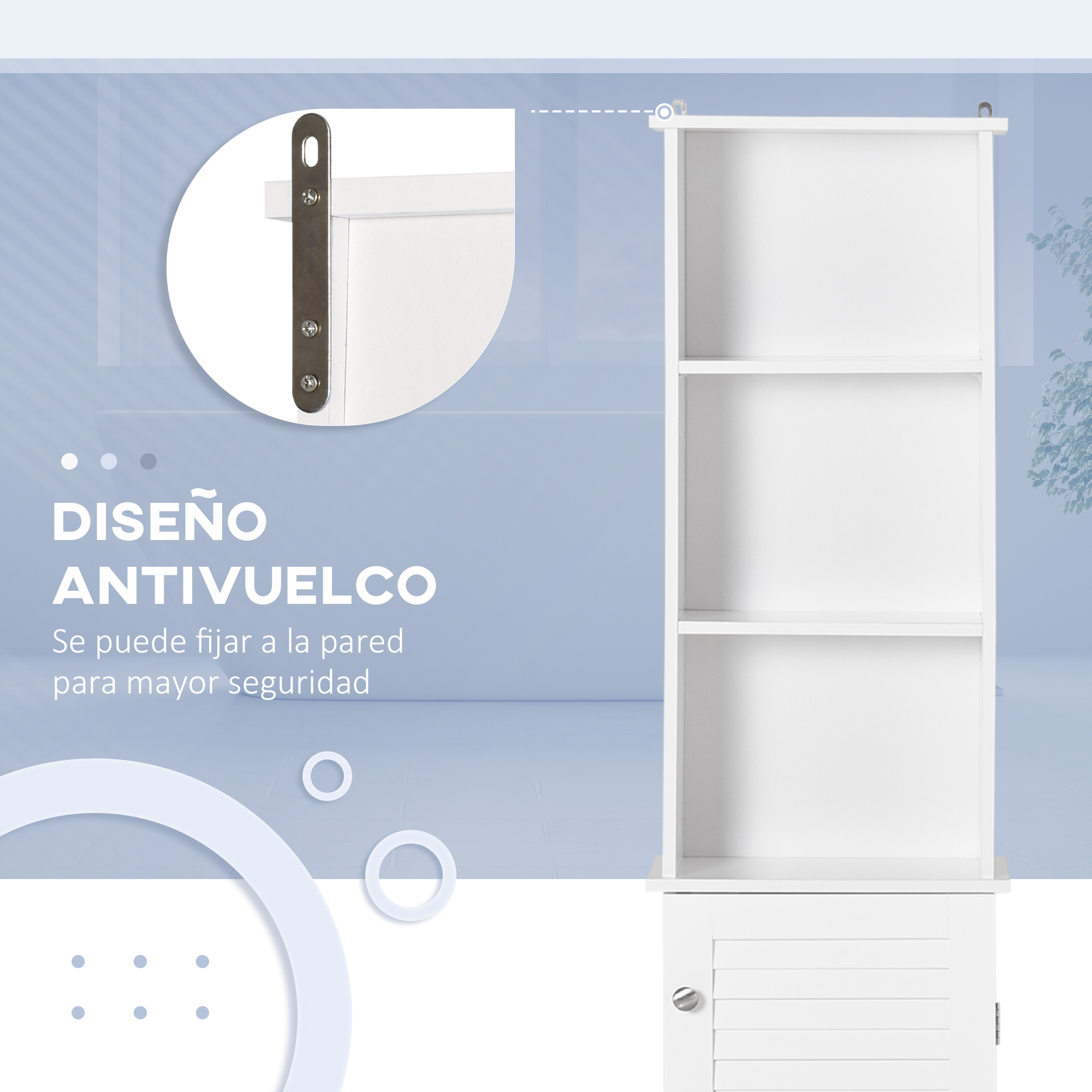 Un estante blanco con soporte antivuelco. Primer plano de herrajes metálicos.