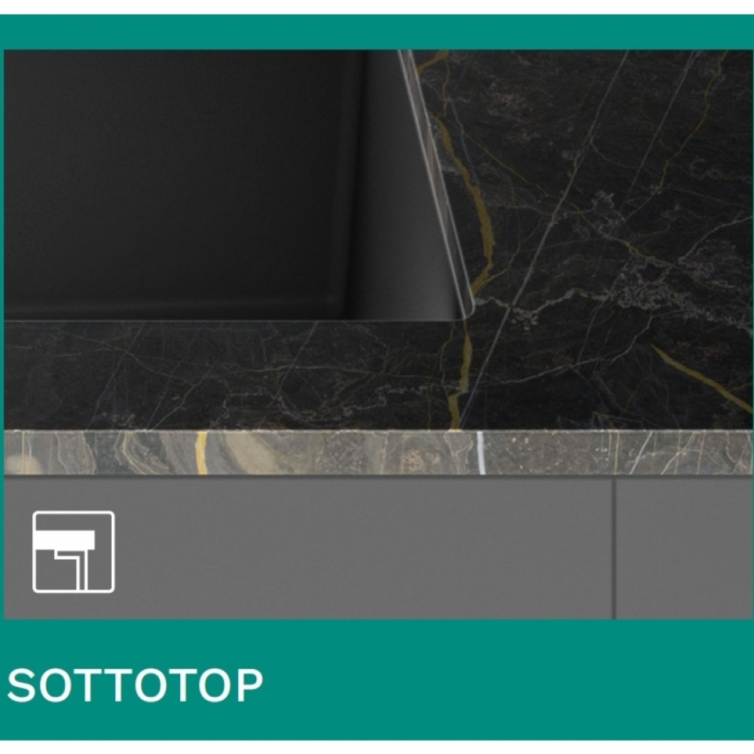 Marmo scuro con venature dorate su mobile grigio con simbolo.