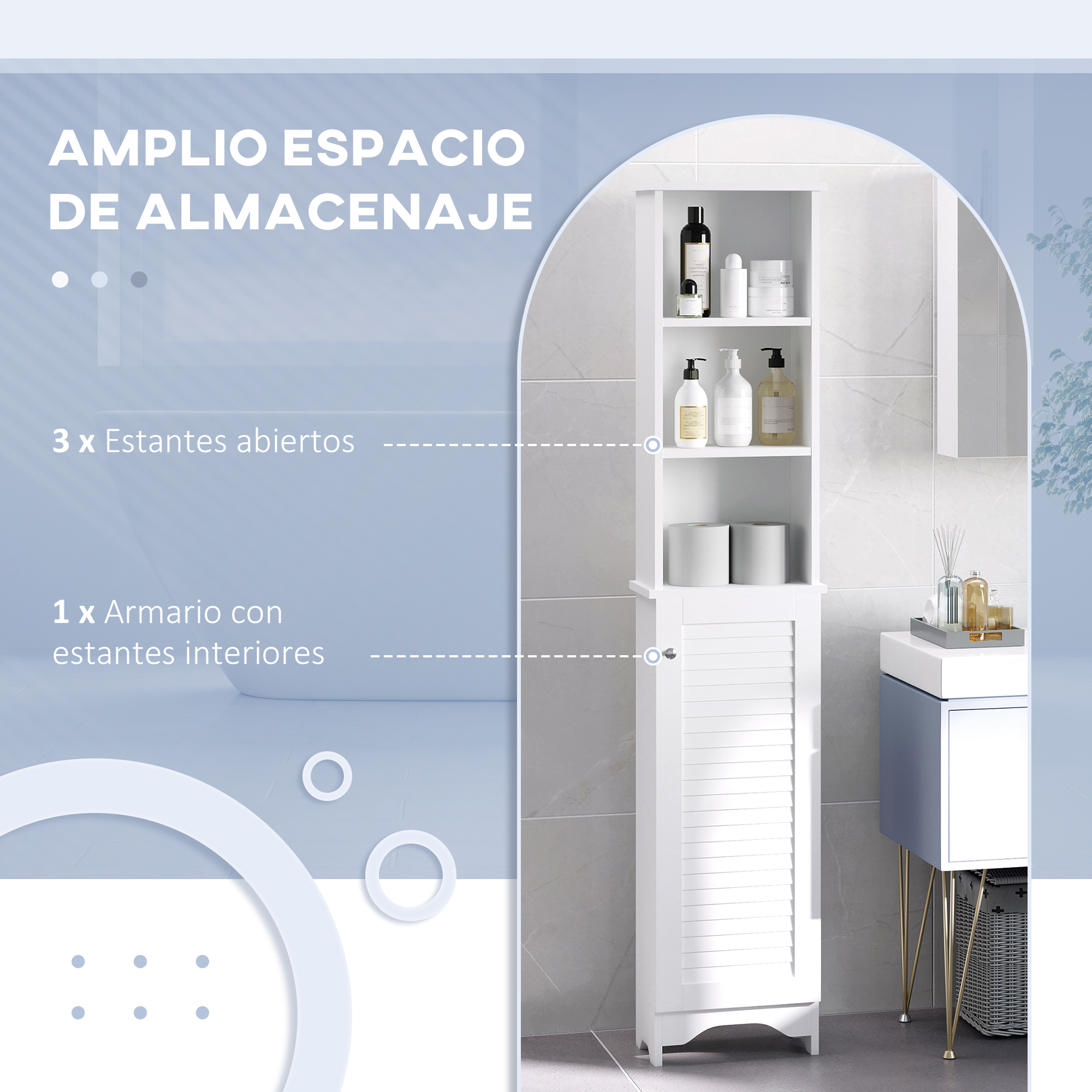 Un mueble de baño blanco, alto y delgado con estantes abiertos y puerta.