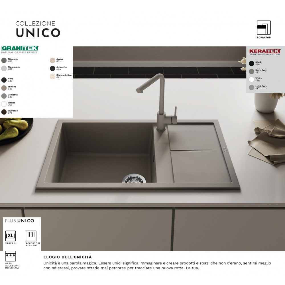 Lavello grigio con rubinetto, tagliere e testo in italiano.