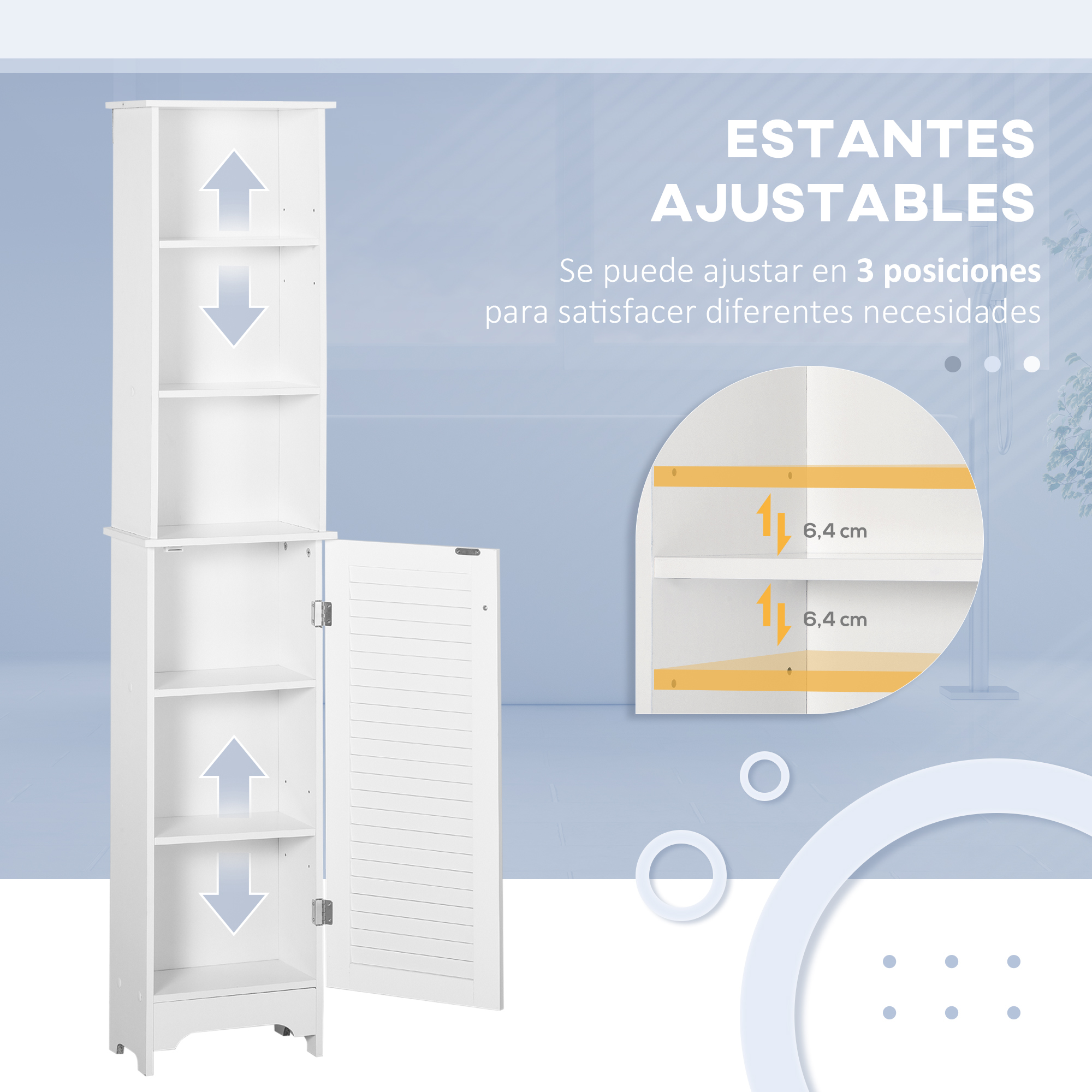 Un armario blanco alto con estantes abiertos y una puerta abierta. Flechas indican estantes.