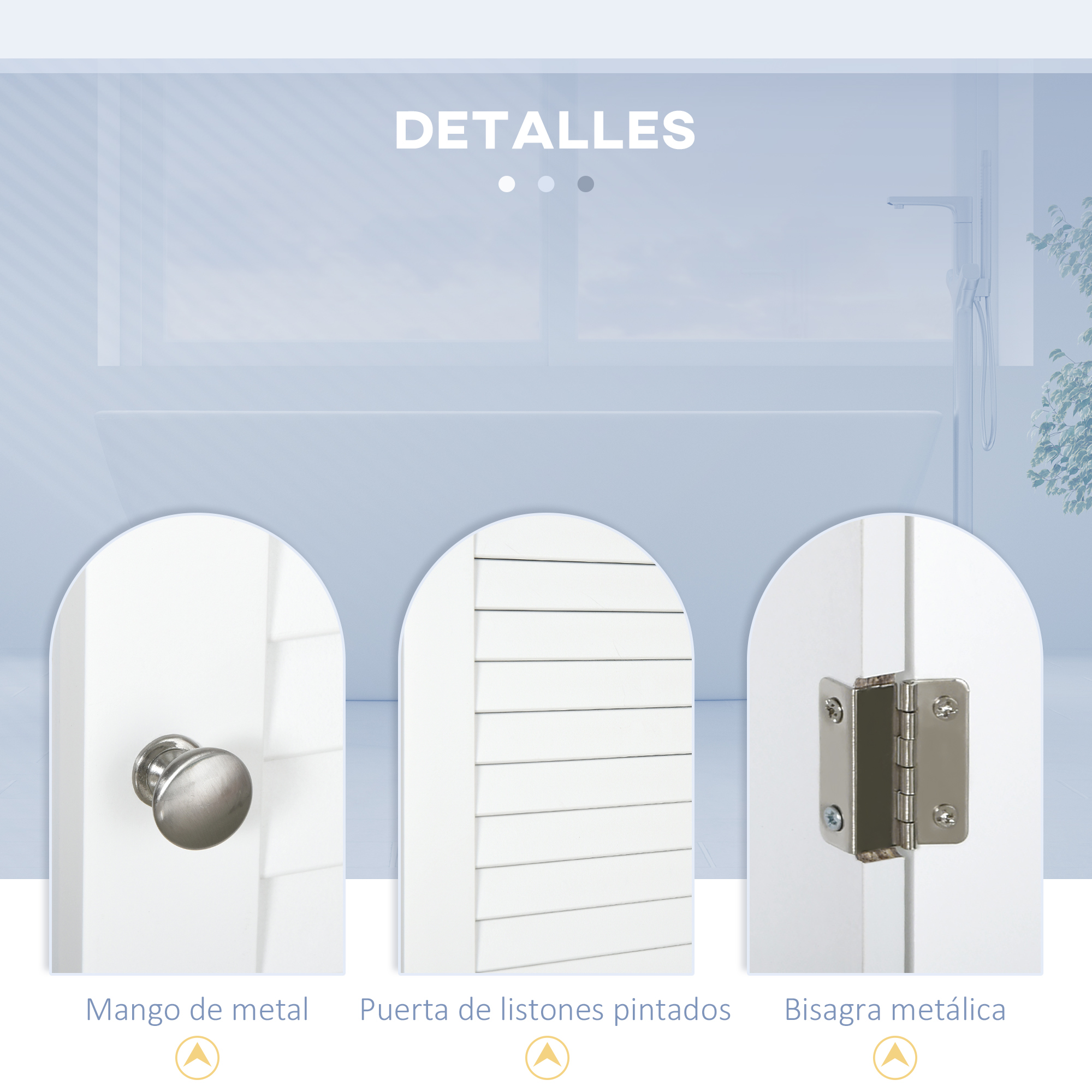 Detalles en primer plano de un armario blanco: pomo metálico, puerta de listones y bisagra metálica.