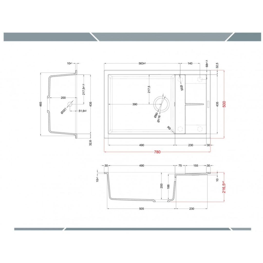 Disegni tecnici di un lavello con dimensioni. Viste dall'alto, laterale e frontale mostrate.