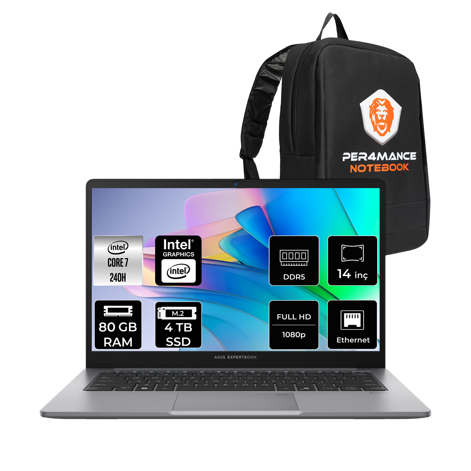 ASUS EB P1 FHD P1403C716512G0DP340 Intel Core 7 240H 80 GB RAM 4 TB SSD 14 inç FreeDOS Laptop+Çanta Misty Gri