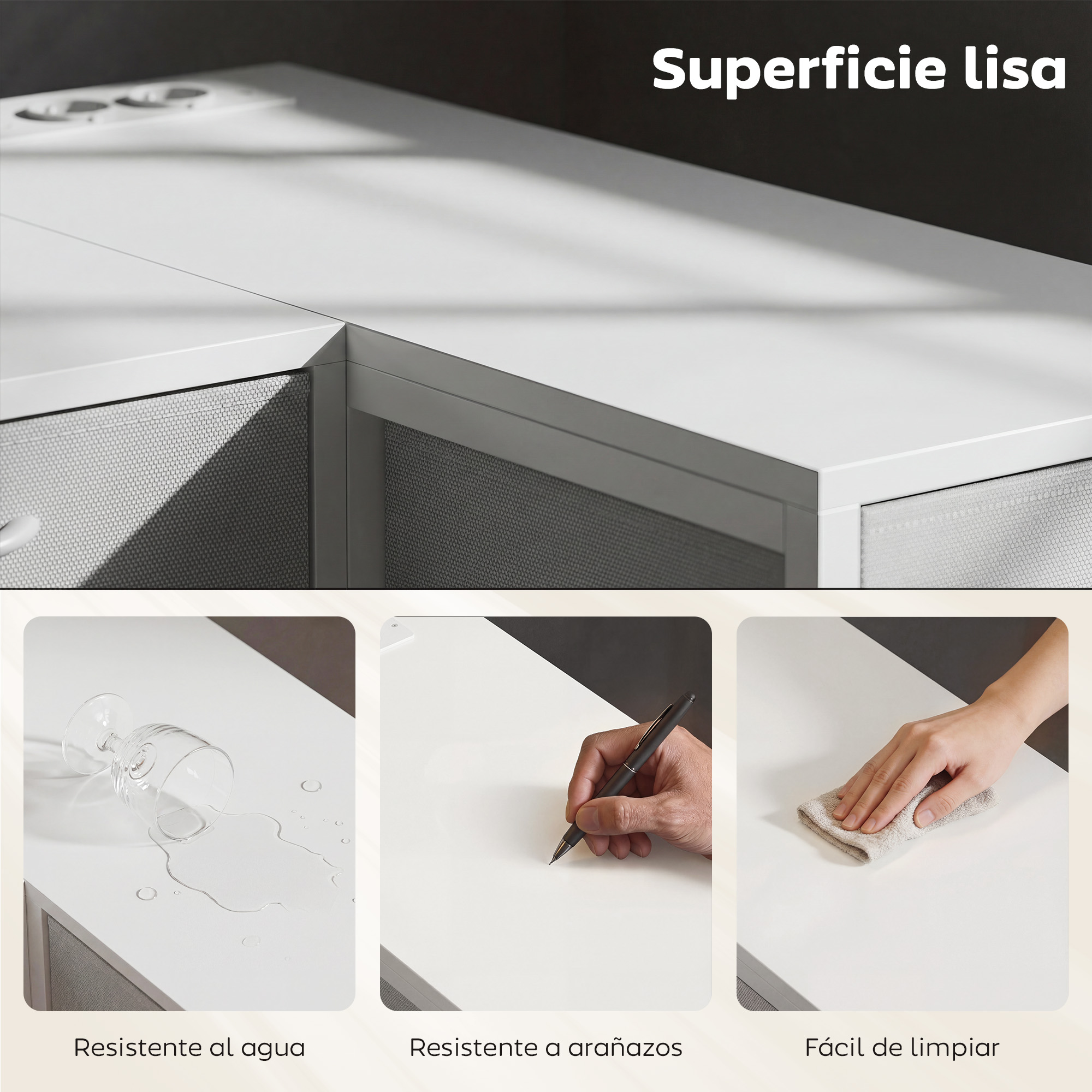 Superficie blanca con tres imágenes: vaso derramado, bolígrafo en papel, mano limpiando.