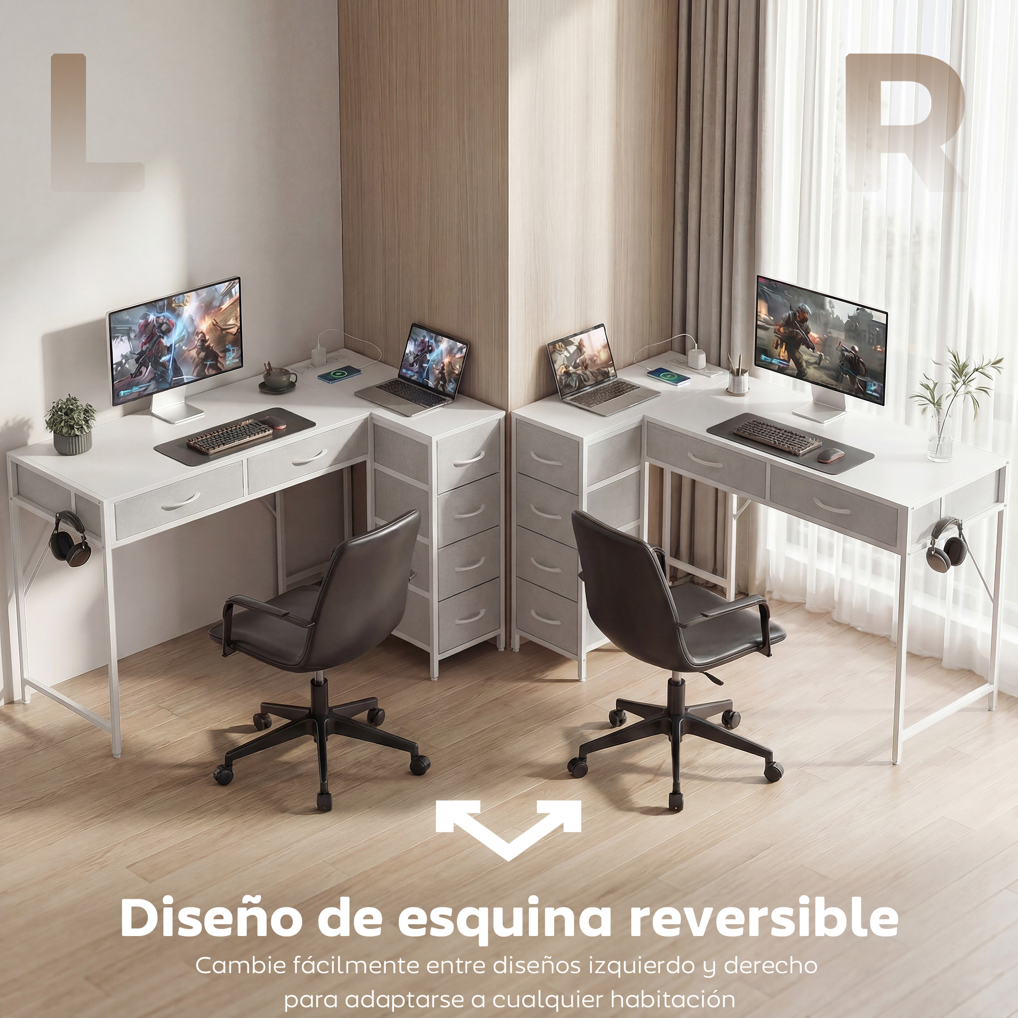 Dos escritorios blancos de esquina con computadoras, laptops y sillas.
