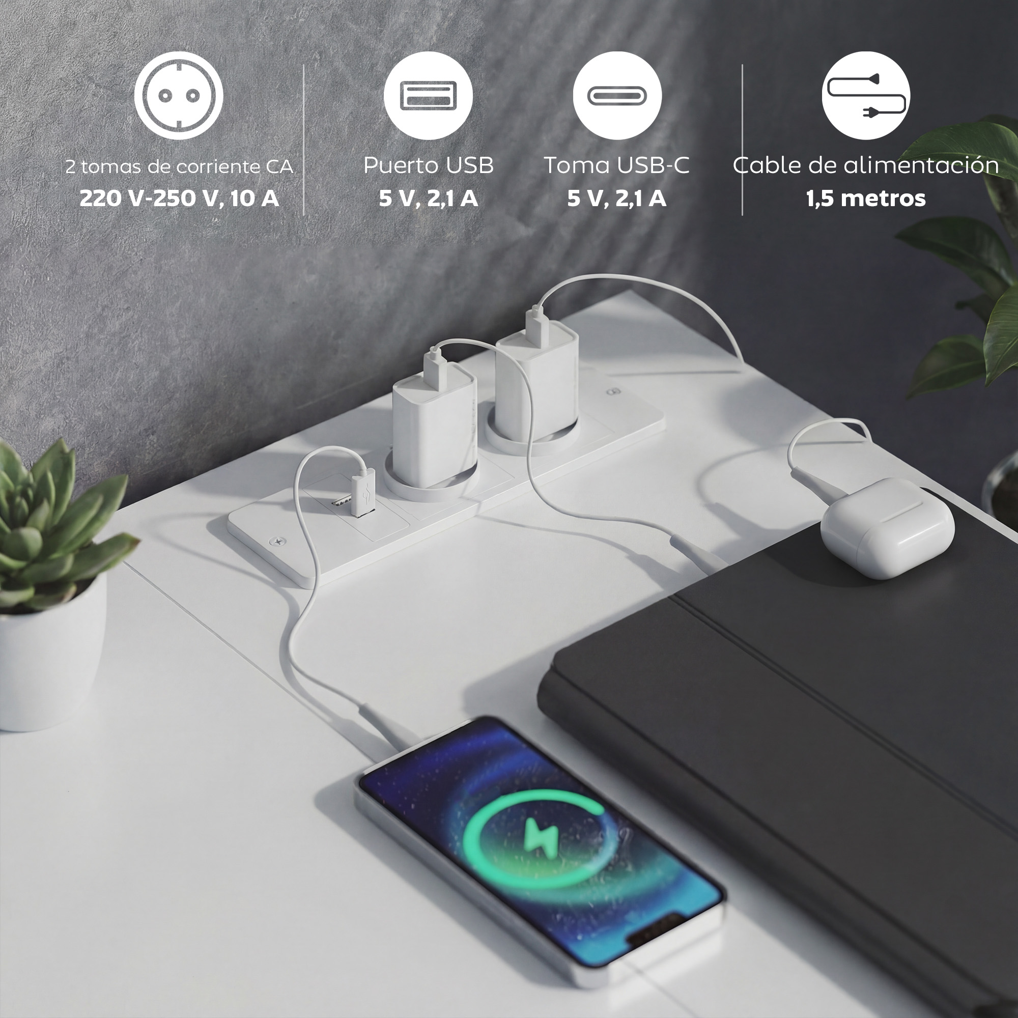 Estación de carga con enchufes AC, USB-A, USB-C y cable de 1,5m. Cargando móvil, audífonos.