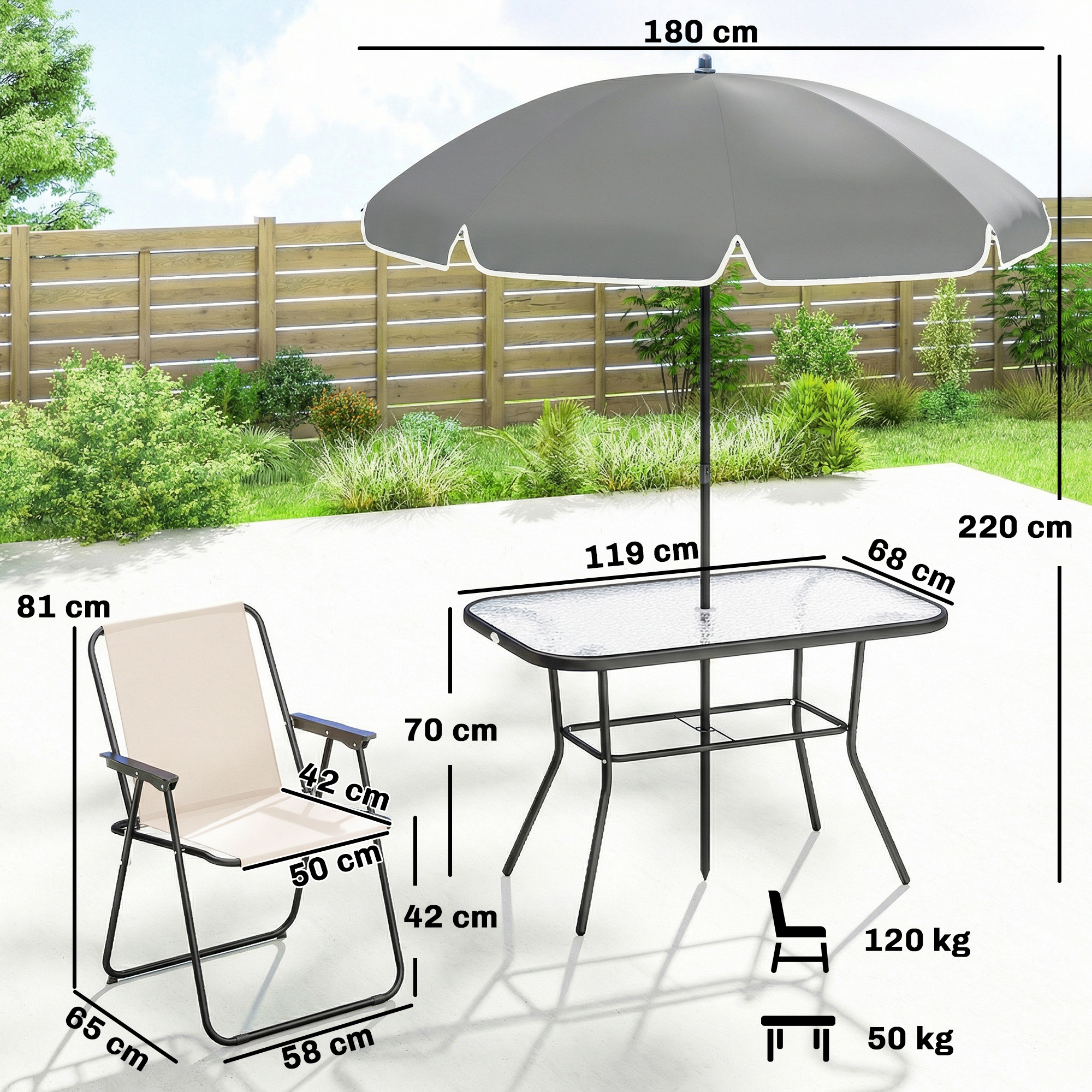 Mesa de jardín con tablero de cristal, sombrilla y silla. Se muestran dimensiones.