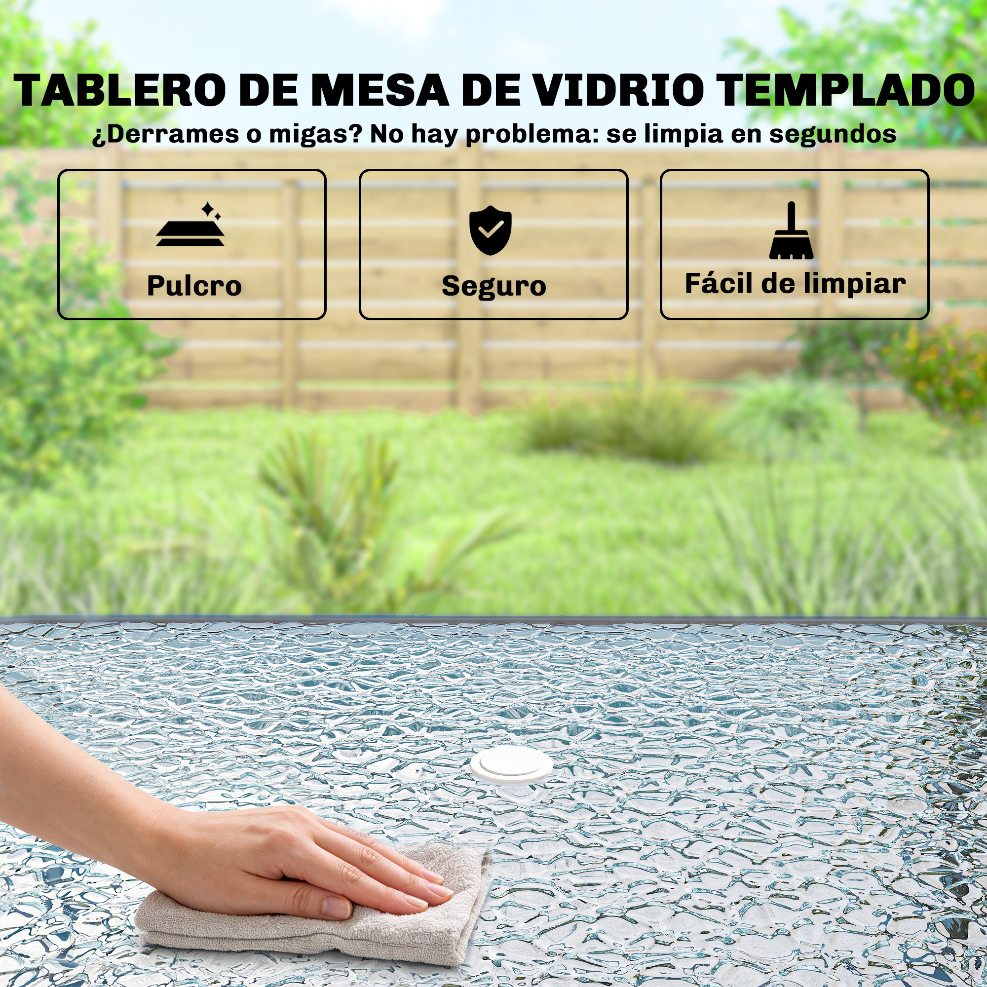 Una mano limpia un tablero de vidrio con un paño. Tres íconos arriba.