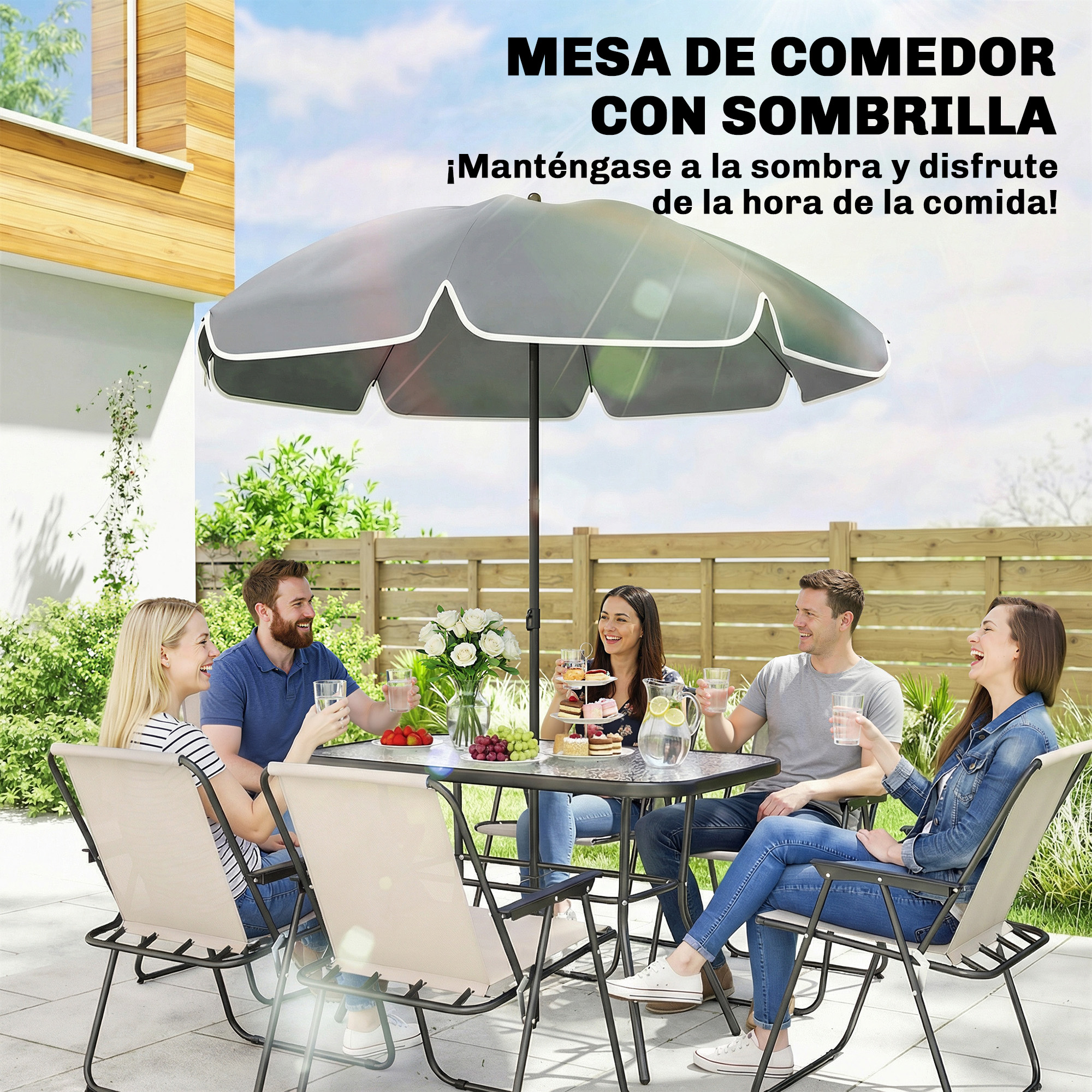 Cuatro personas disfrutan de comida y bebida bajo un parasol en un jardín.