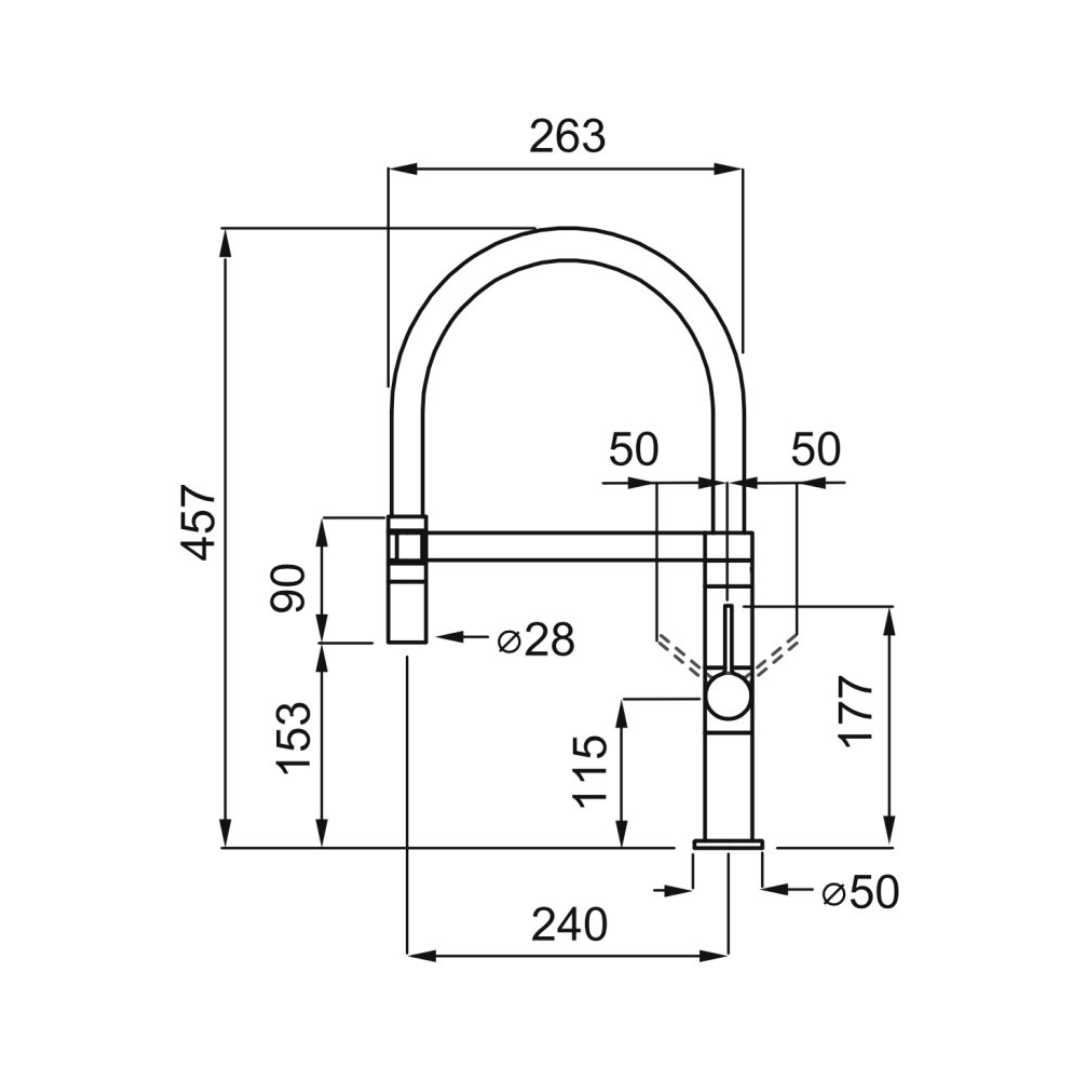 Disegno tecnico di un rubinetto con dimensioni in mm. Altezza 457, larghezza 263.