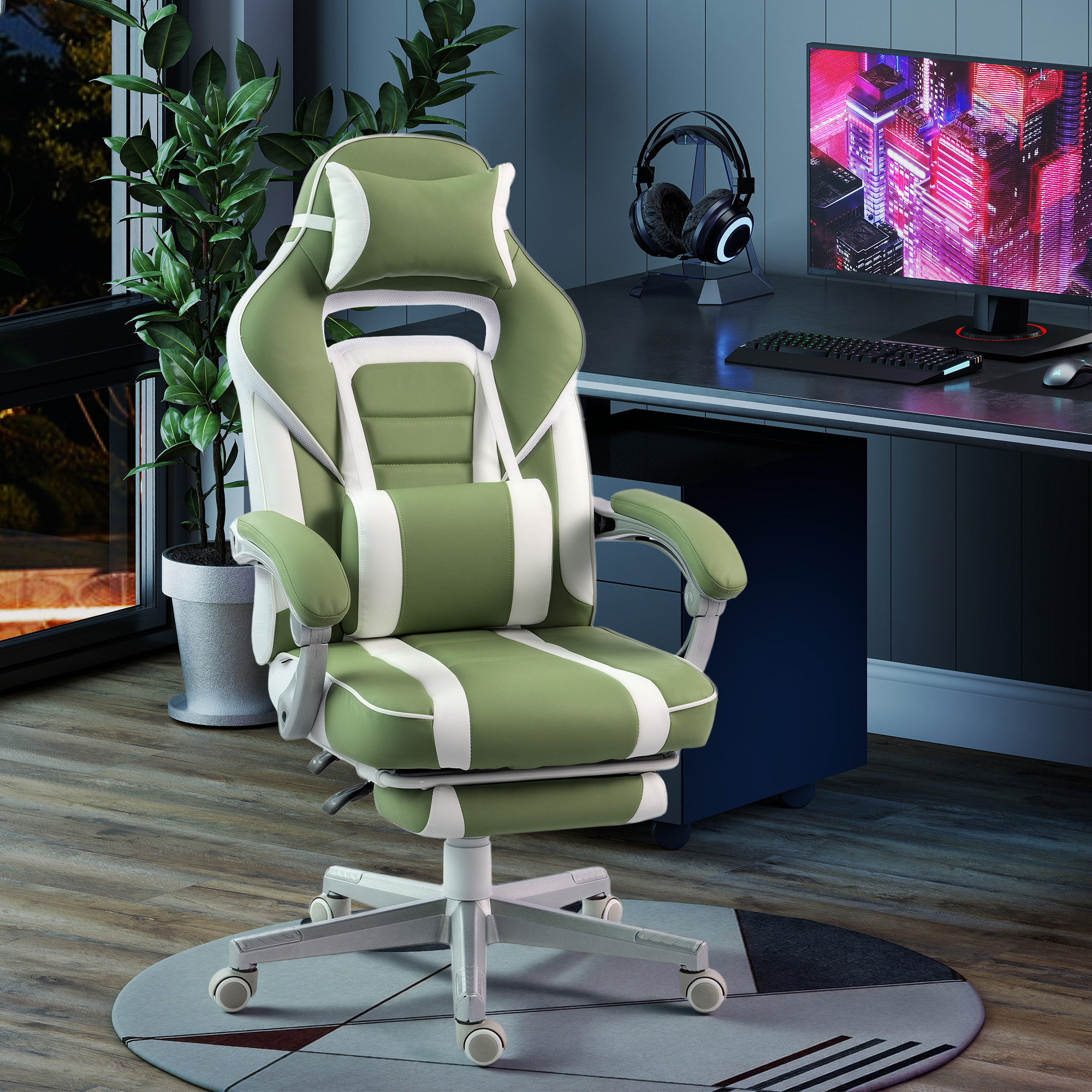 Una silla gamer verde y blanca con reposacabezas y cojín lumbar sobre una alfombra.