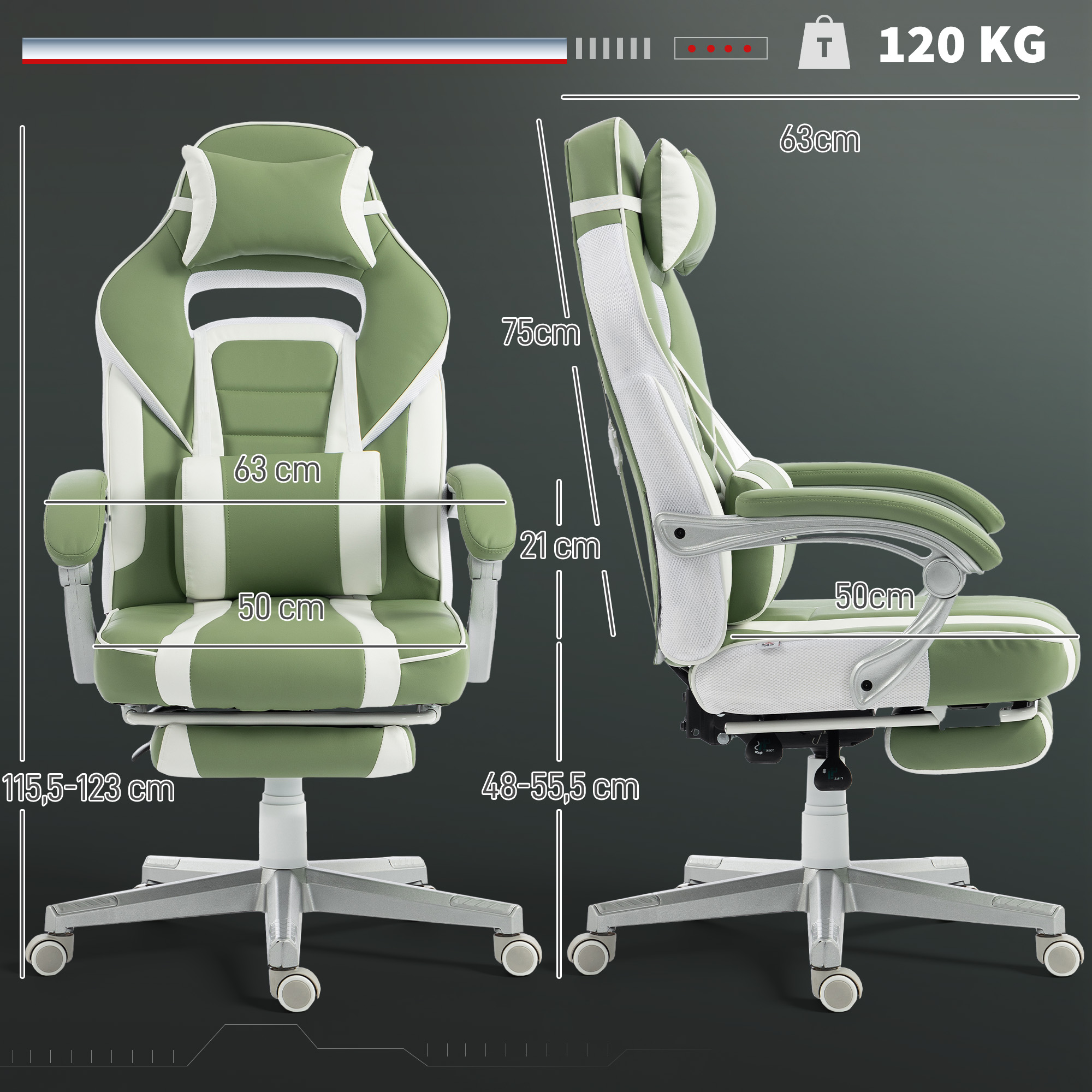 Silla gaming verde y blanca con dimensiones y peso máximo 120 kg.