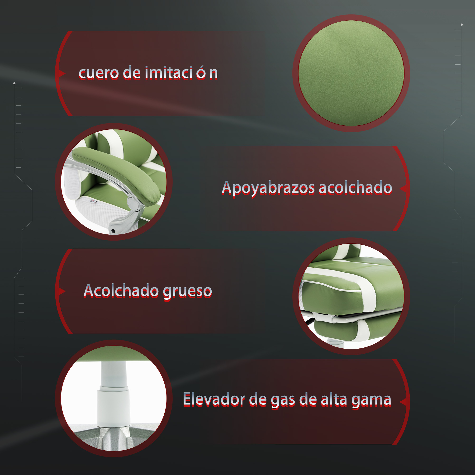 Silla verde con acolchado, reposabrazos y elevador de gas. Piel sintética.
