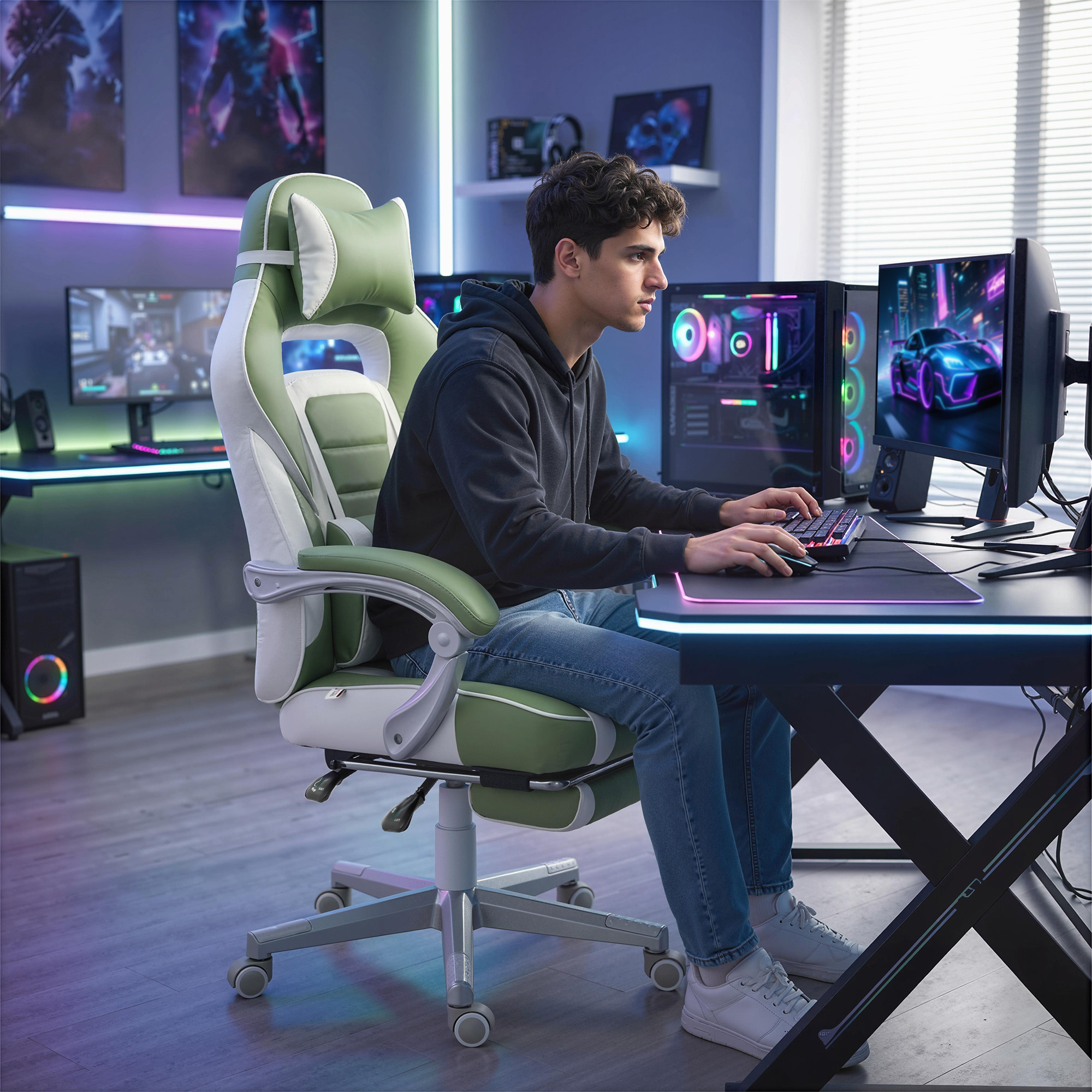 Un joven sentado en silla gamer frente a un escritorio, tecleando.