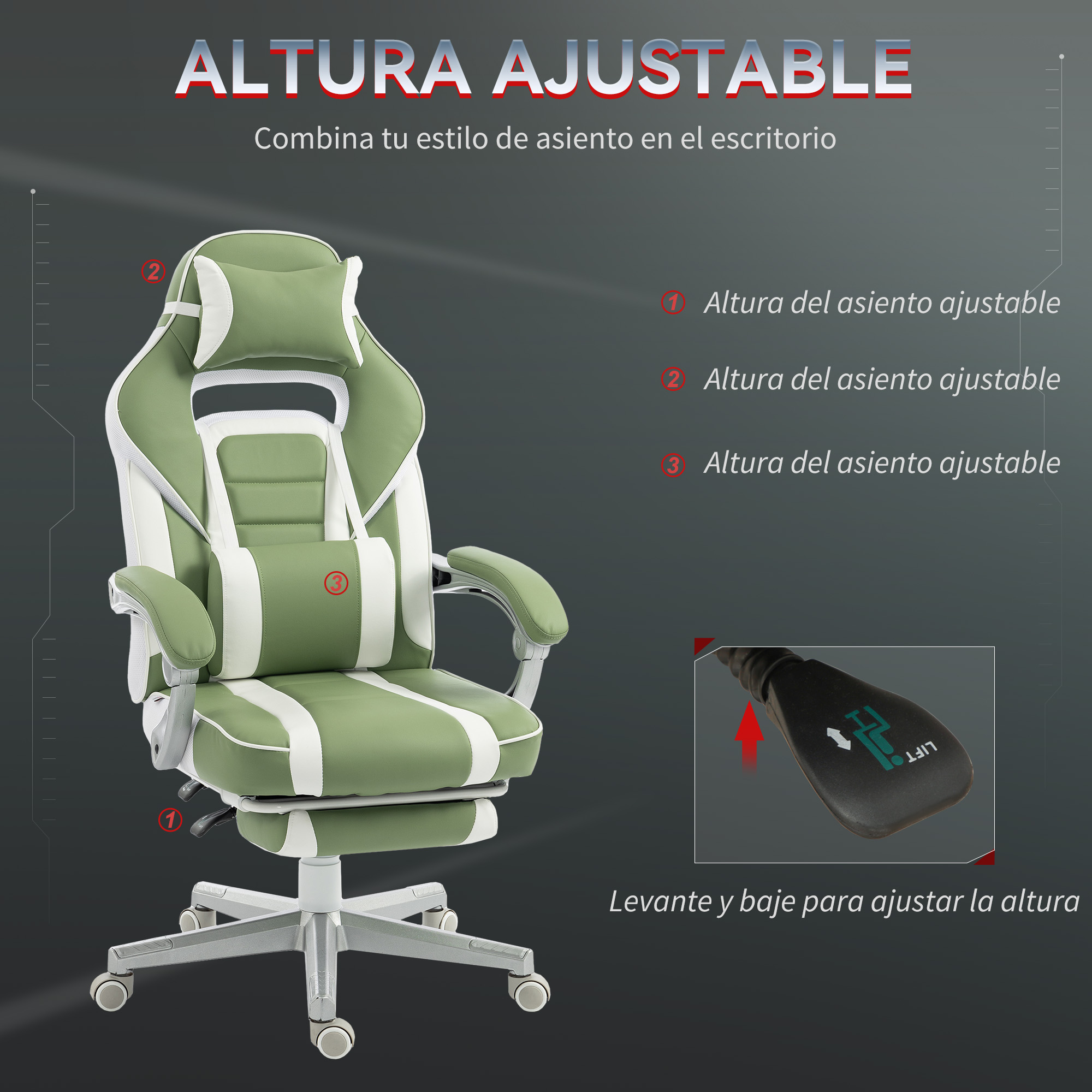 Una silla de juego verde y blanca ajustable con reposacabezas y cojín lumbar.