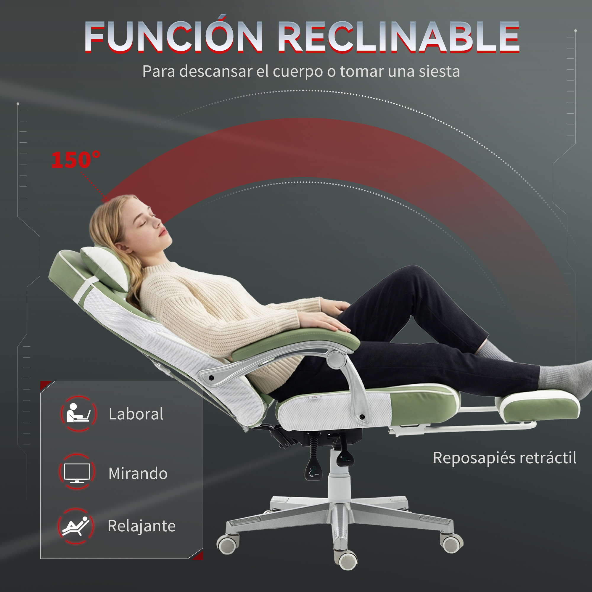 Una mujer se reclina en una silla de oficina verde y blanca con reposapiés extendido.
