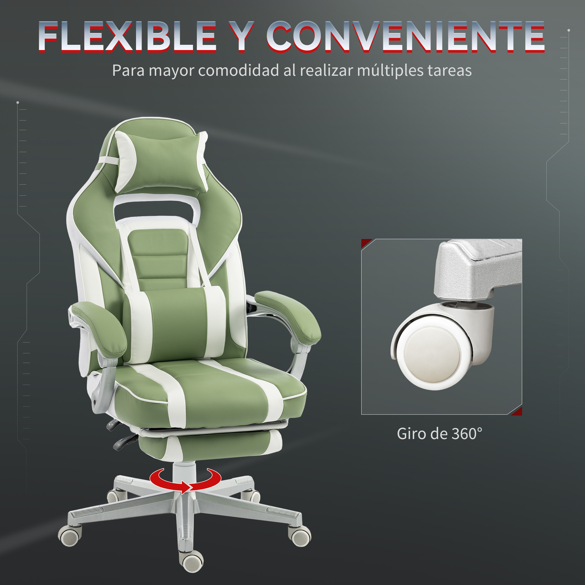 Silla gamer verde con detalles blancos, reposapiés y ruedas, giro 360°.