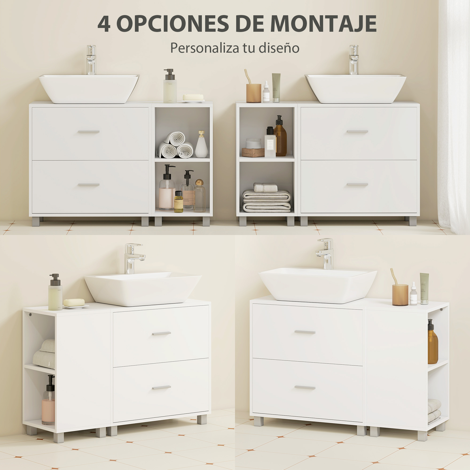 Cuatro muebles de baño blancos con lavabos y almacenamiento.