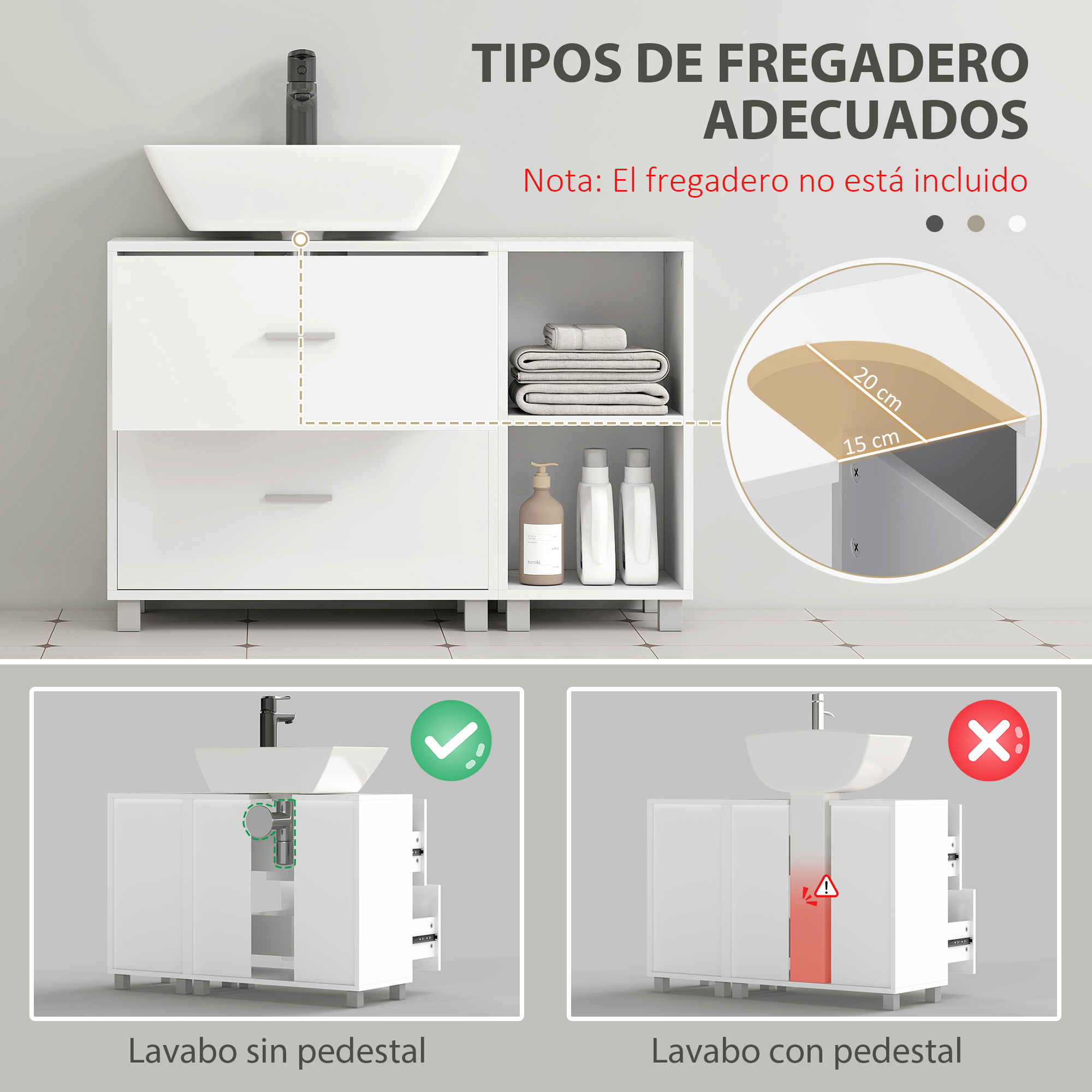 Mueble de baño con lavabo, medidas y dos opciones de montaje.