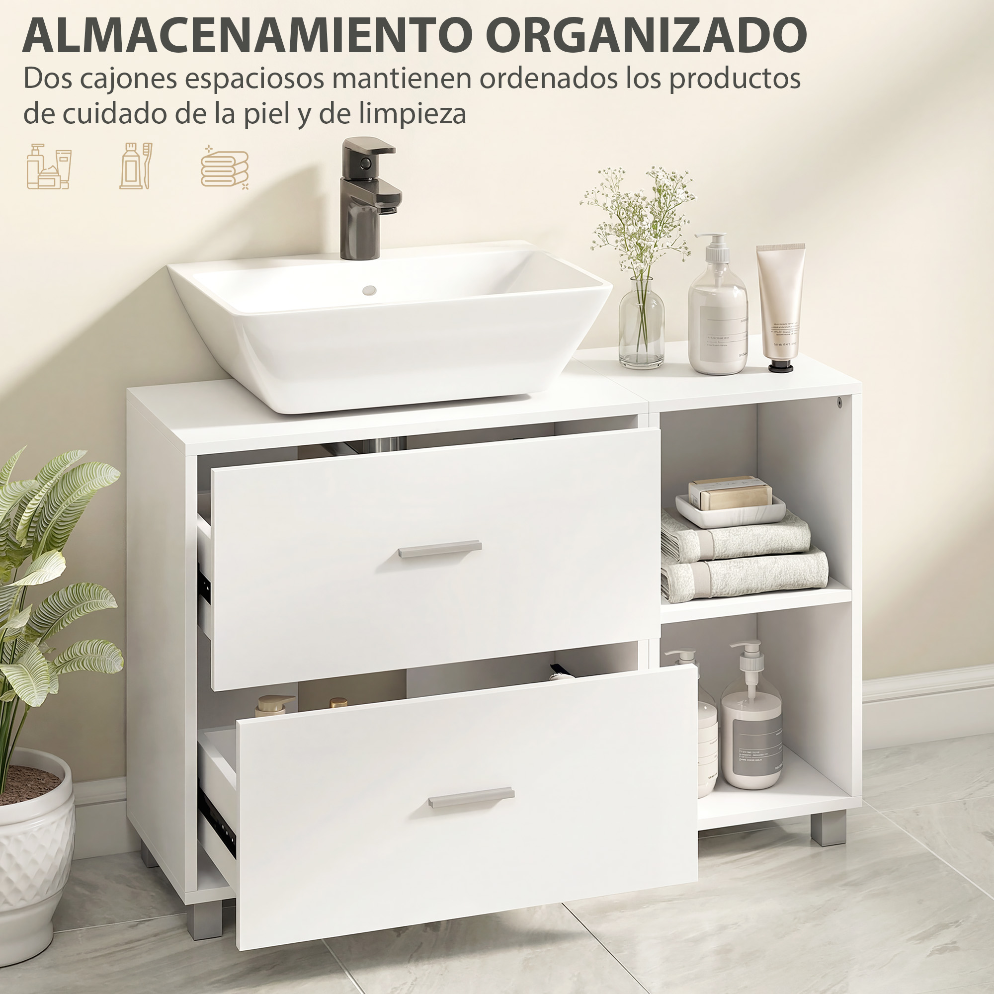 Mueble de baño blanco con dos cajones, un estante abierto y un lavabo. Almacenaje.