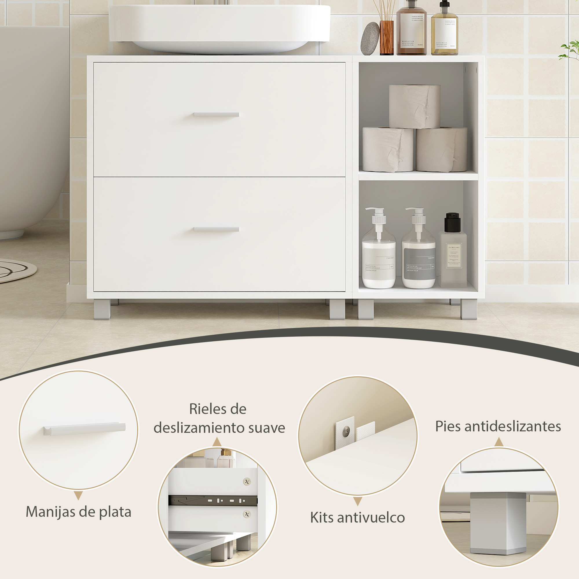 Armario de baño blanco con cajones y estantes, con papel higiénico y jabón.