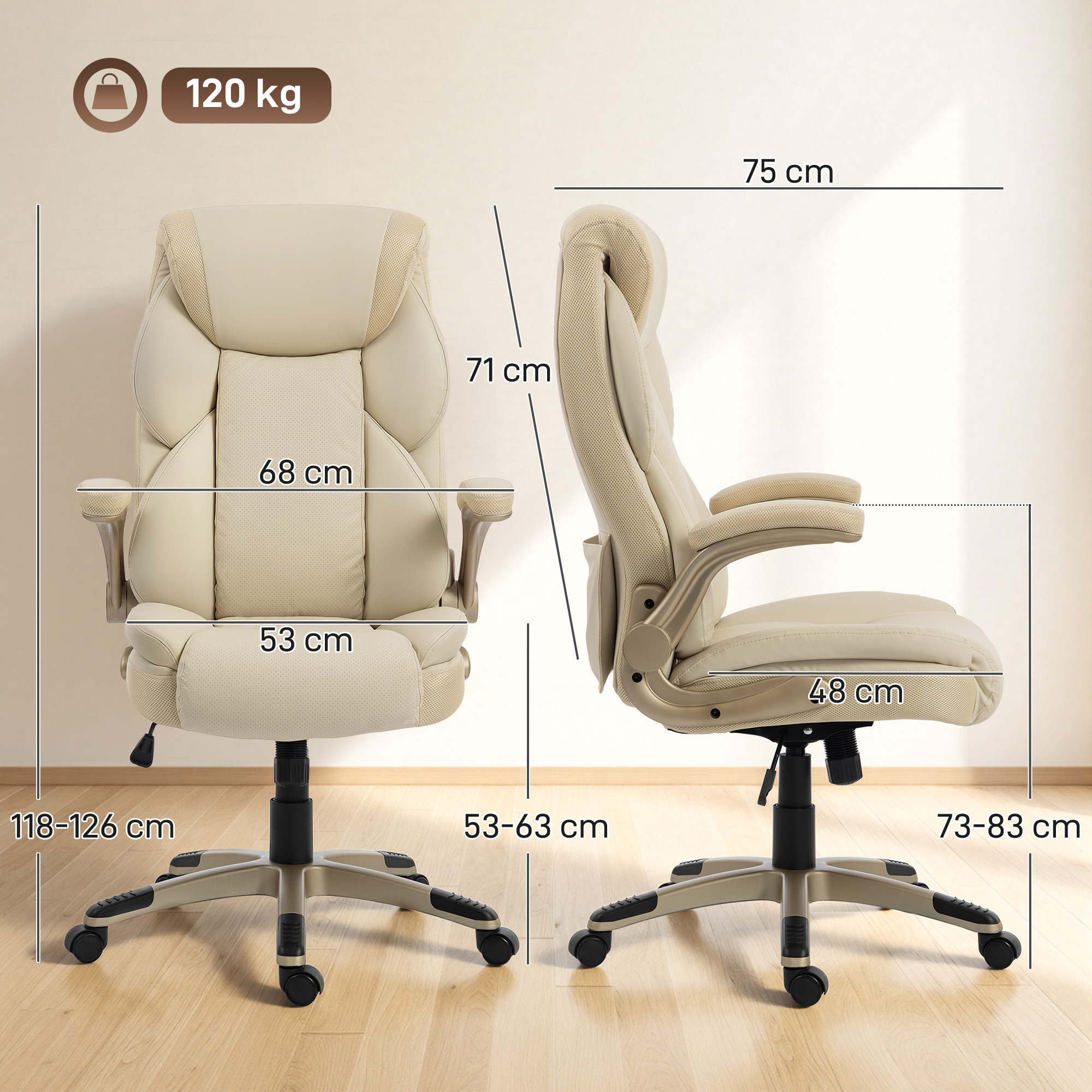 Silla de oficina beige con dimensiones: alto 71cm, ancho 68cm, fondo 53cm.