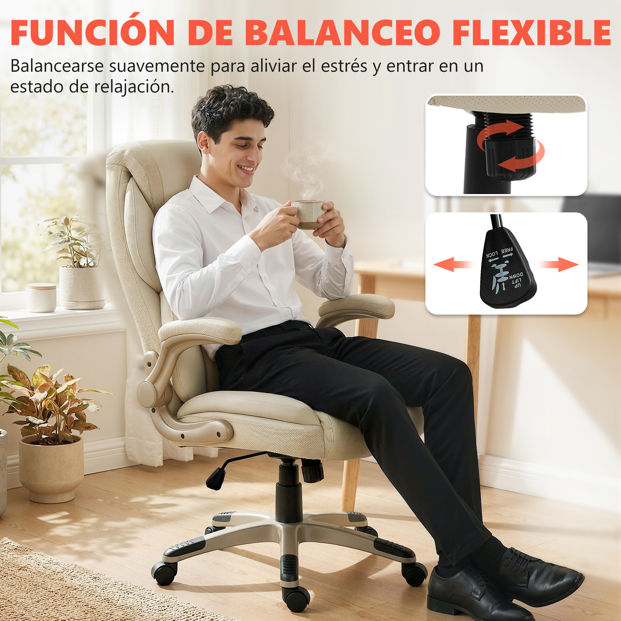 Hombre sentado en silla de oficina beige bebiendo café. Vistas detalladas muestran mecanismos.