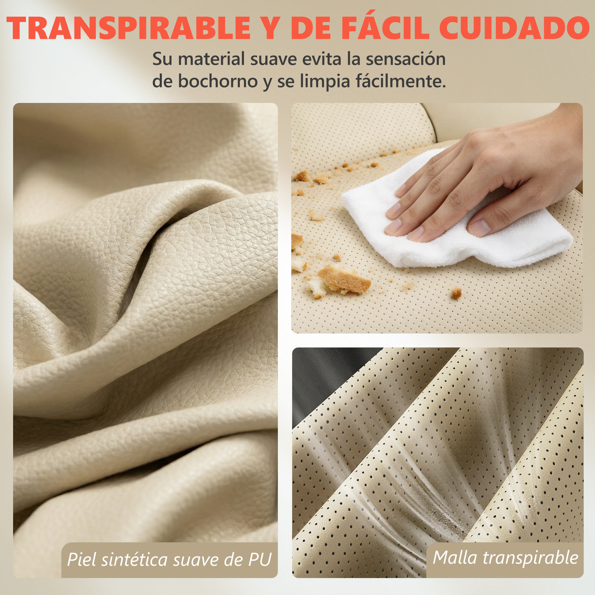 Piel sintética beige con agujeros y un paño blanco limpiando migas.