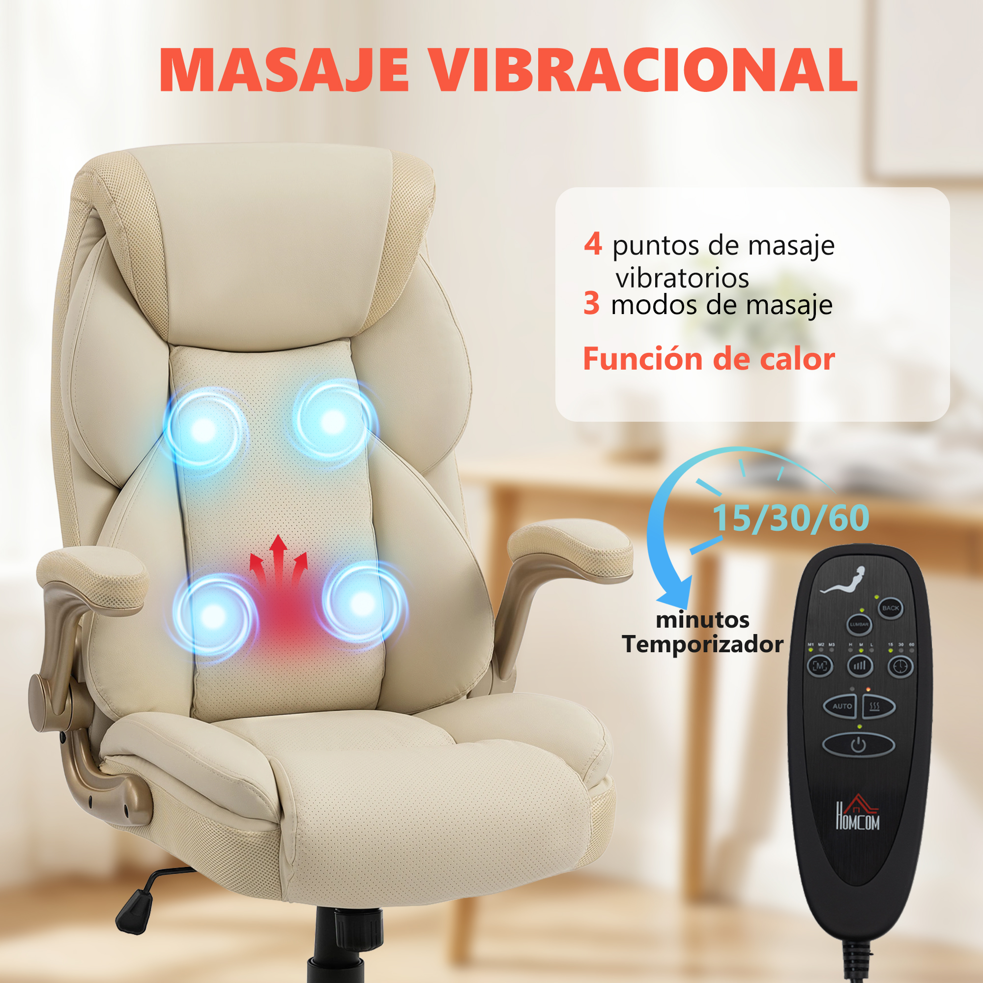Silla de masaje beige con mando, funciones de vibración y calor.